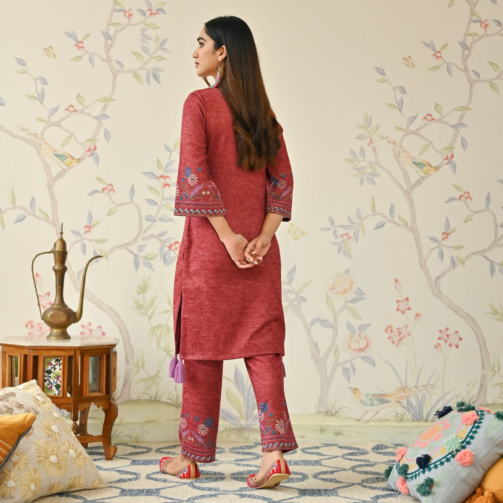 Maroon Tribal Woollen Kurta with Tassel Detailing - Image 7