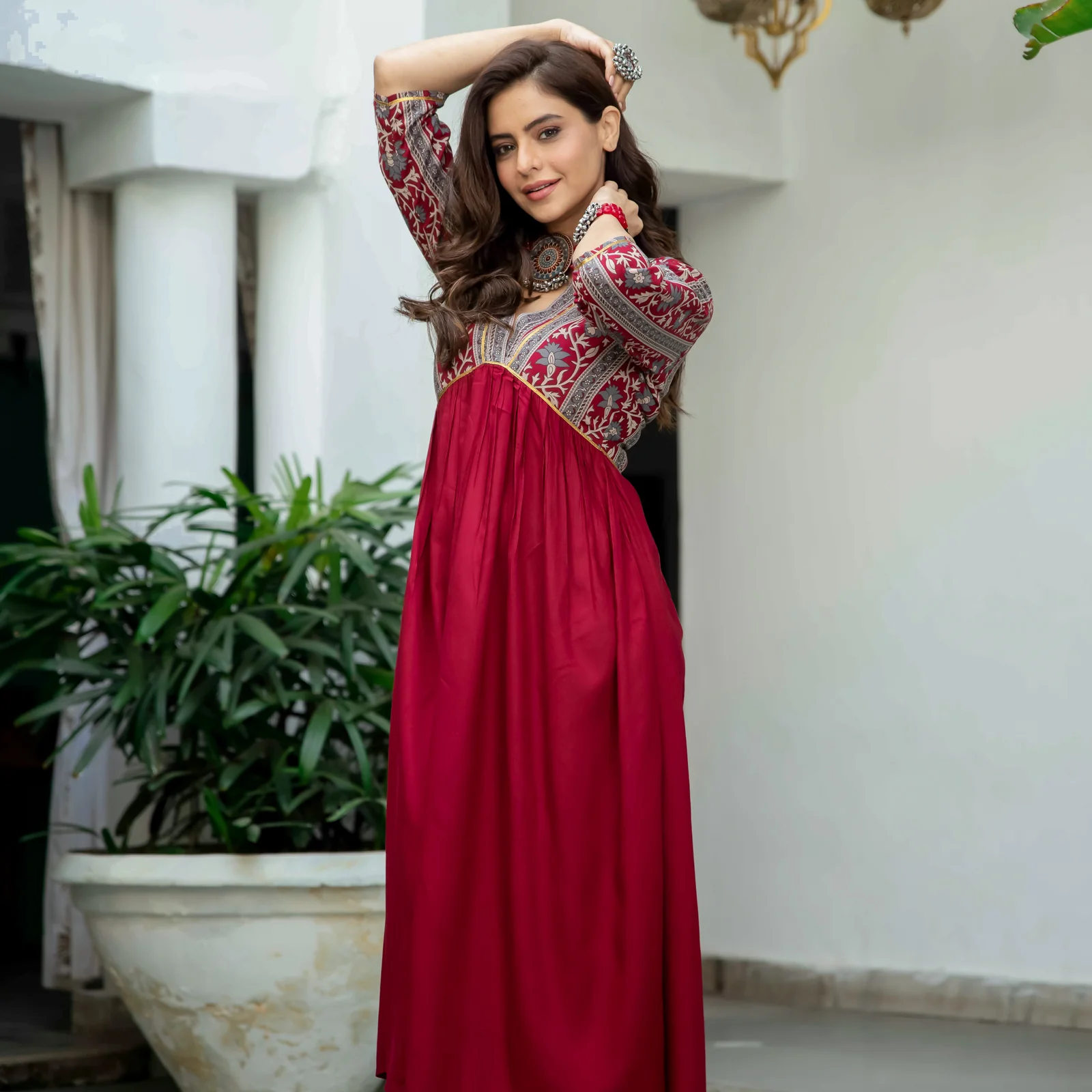 Maroon V Neck Alia Cut Dress - Image 10