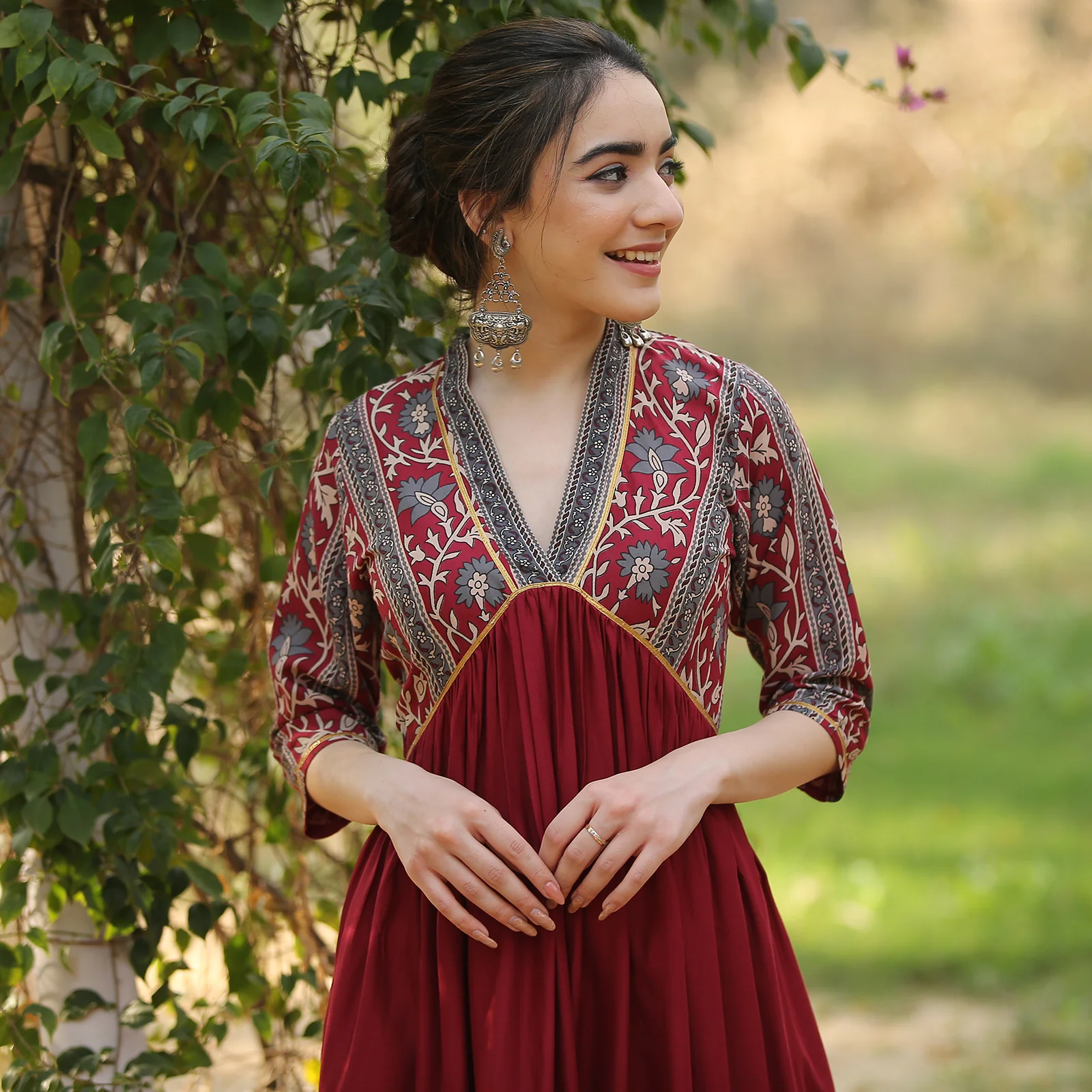 Maroon V Neck Alia Cut Dress - Image 12