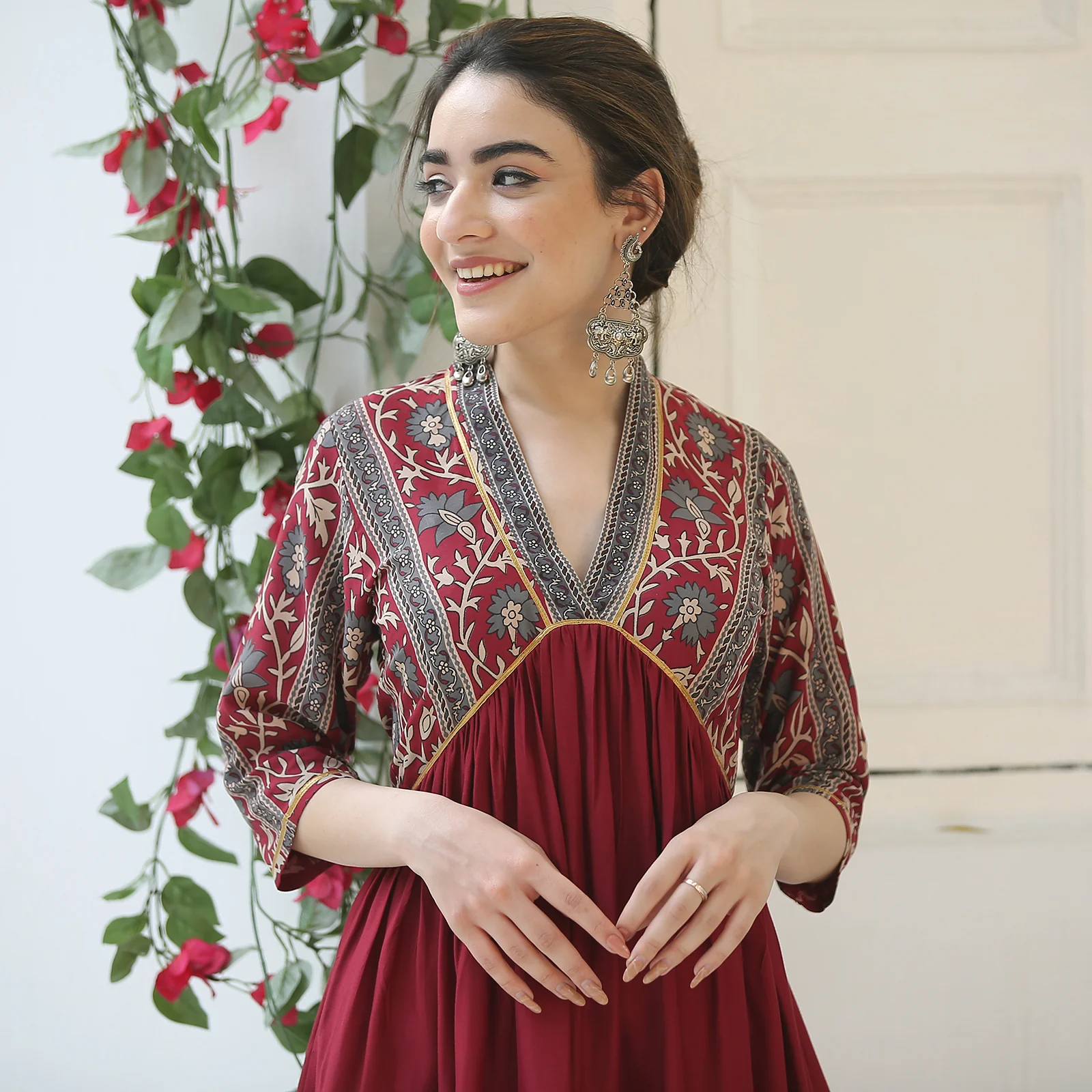 Maroon V Neck Alia Cut Dress - Image 13
