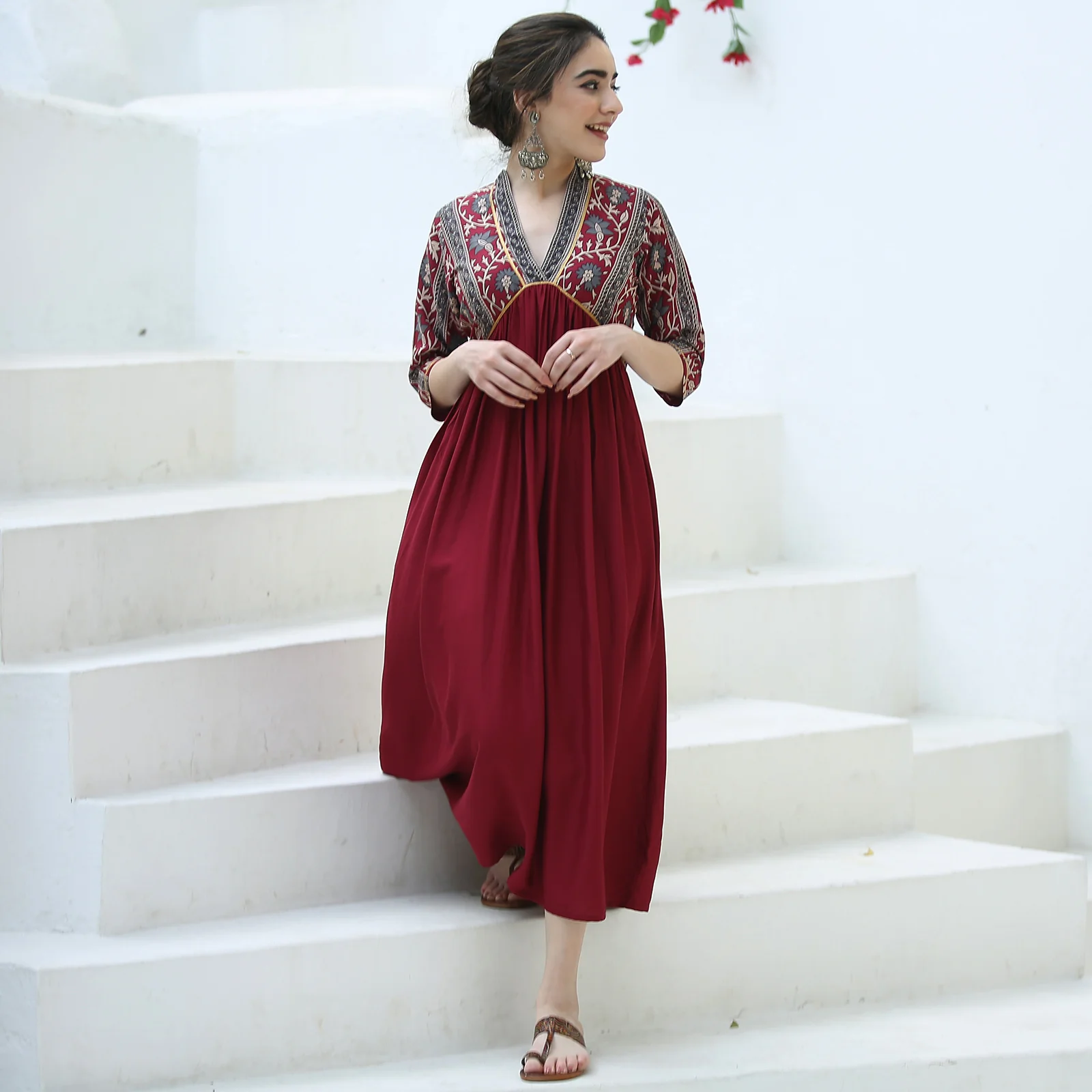 Maroon V Neck Alia Cut Dress - Image 14
