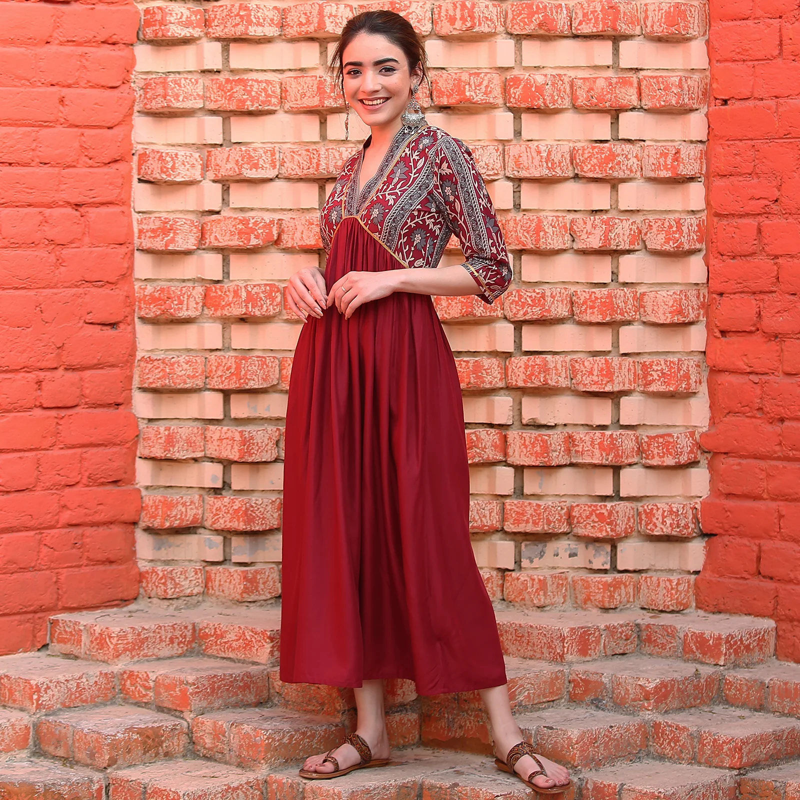 Maroon V Neck Alia Cut Dress - Image 15