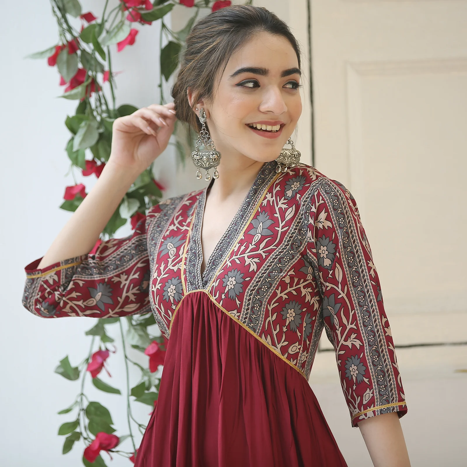 Maroon V Neck Alia Cut Dress - Image 16