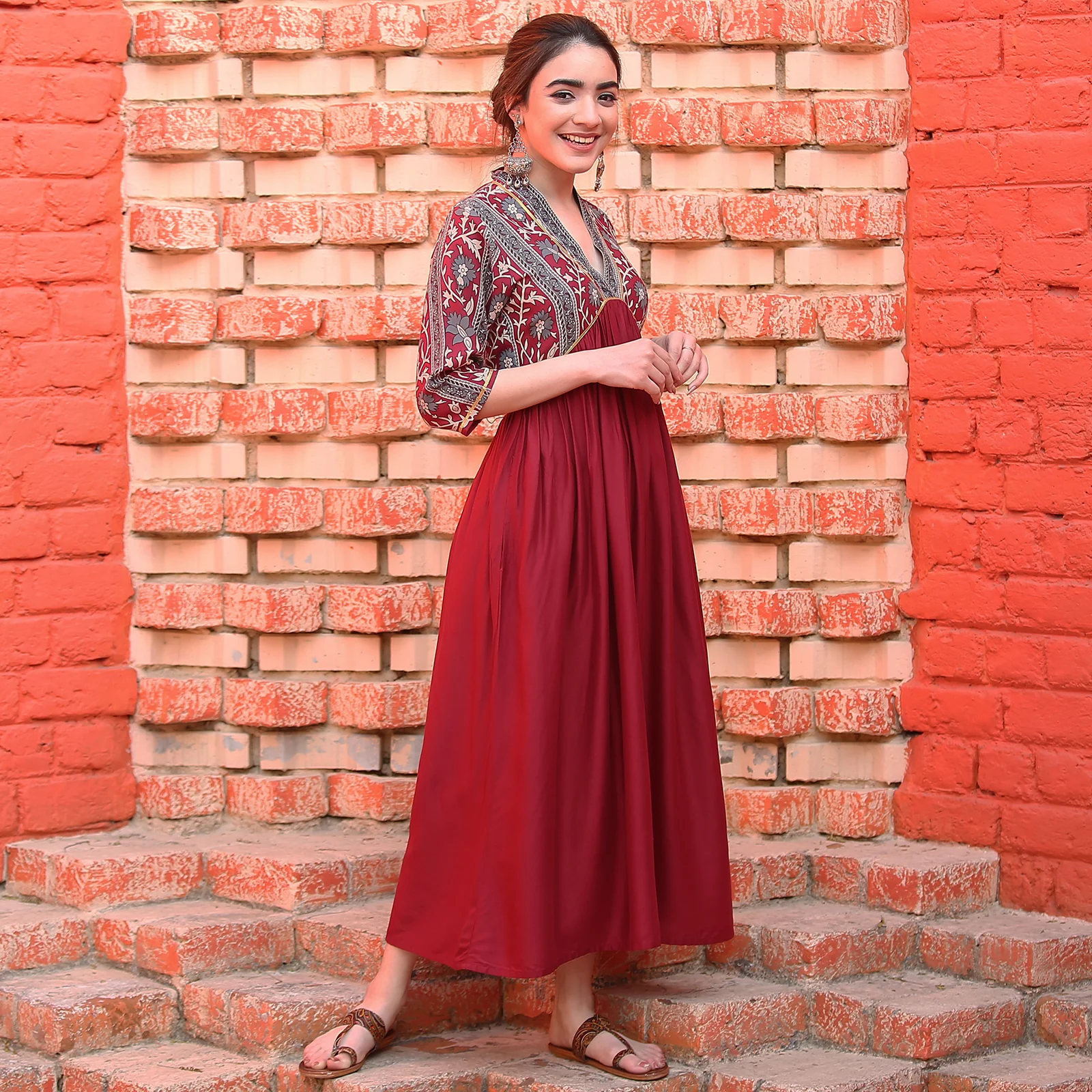 Maroon V Neck Alia Cut Dress - Image 17
