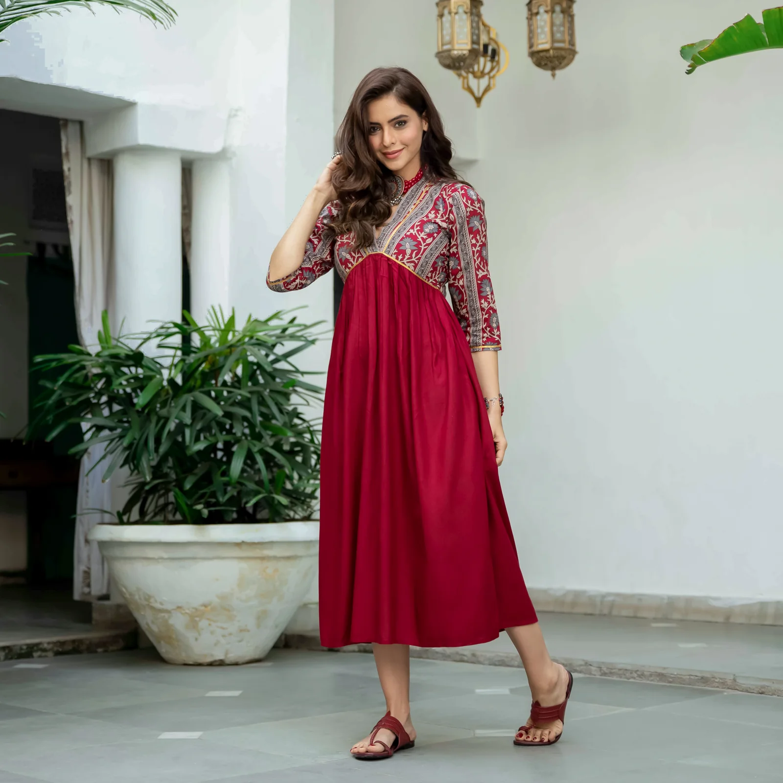 Maroon V Neck Alia Cut Dress - Image 3