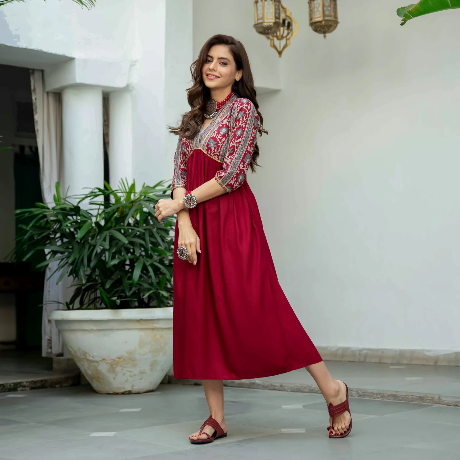 Maroon V Neck Alia Cut Dress - Image 4