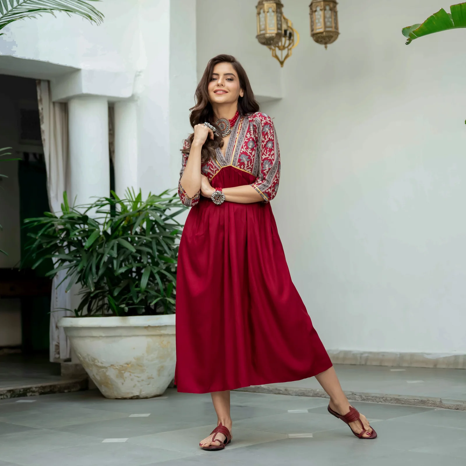 Maroon V Neck Alia Cut Dress - Image 5