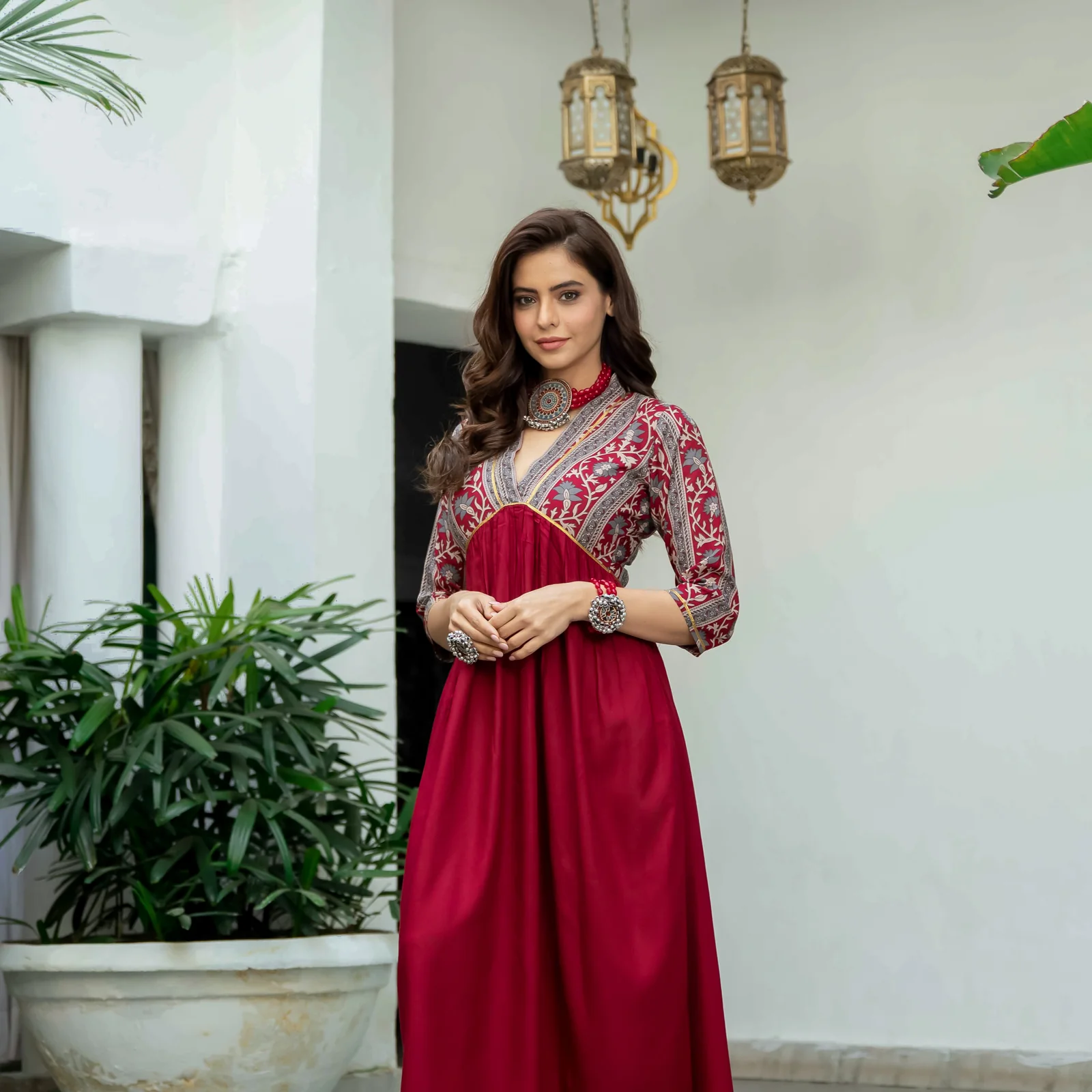 Maroon V Neck Alia Cut Dress - Image 6