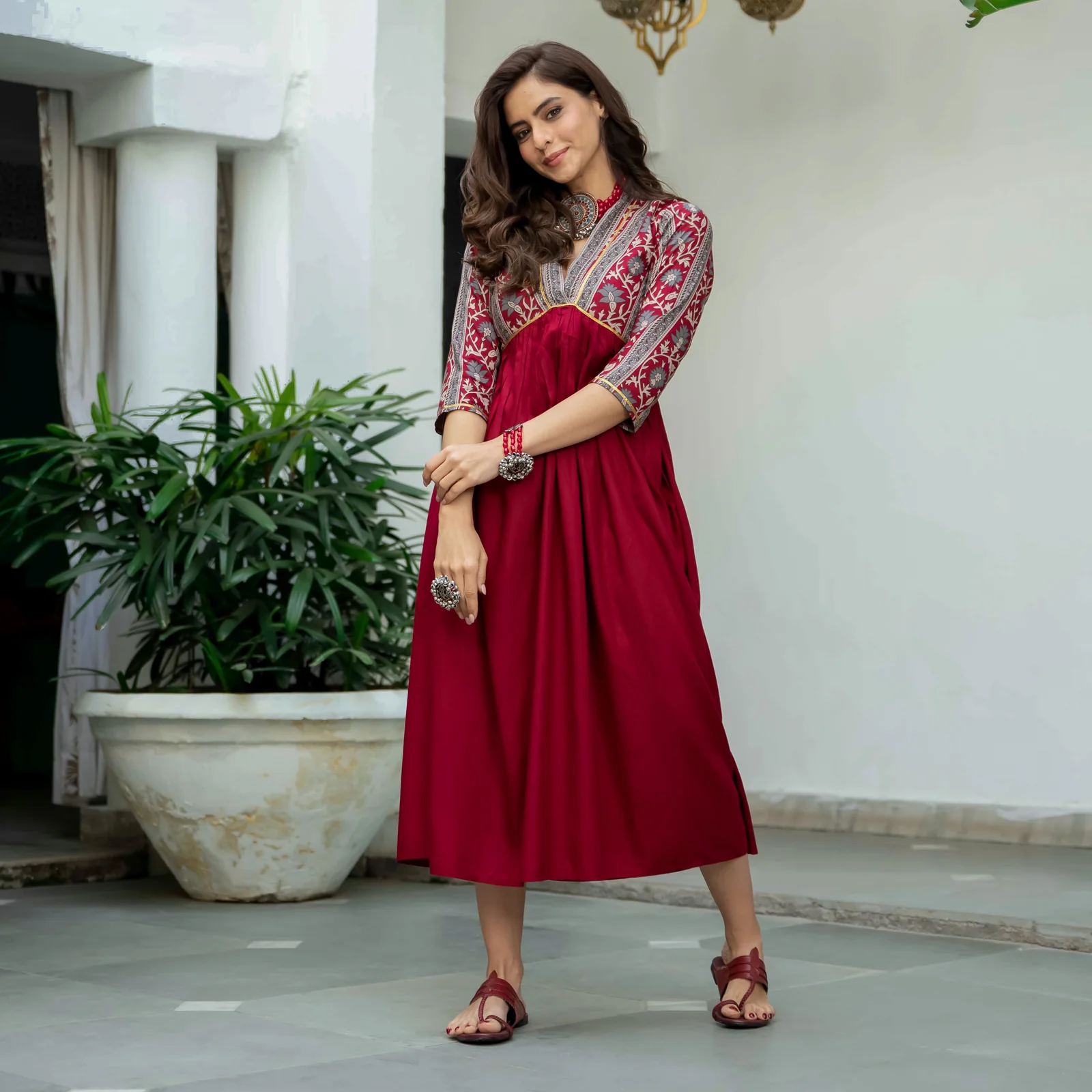 Maroon V Neck Alia Cut Dress - Image 7