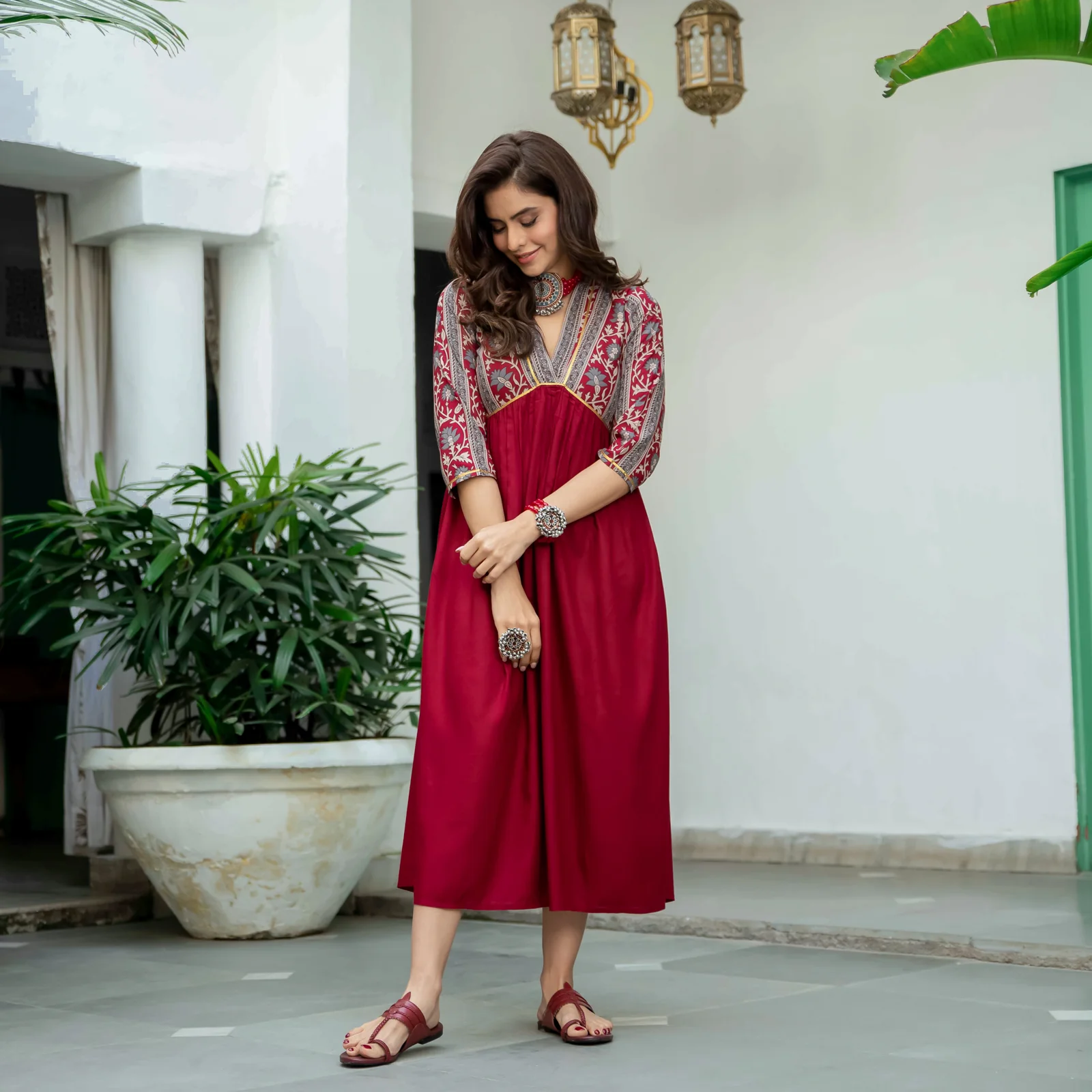 Maroon V Neck Alia Cut Dress - Image 8