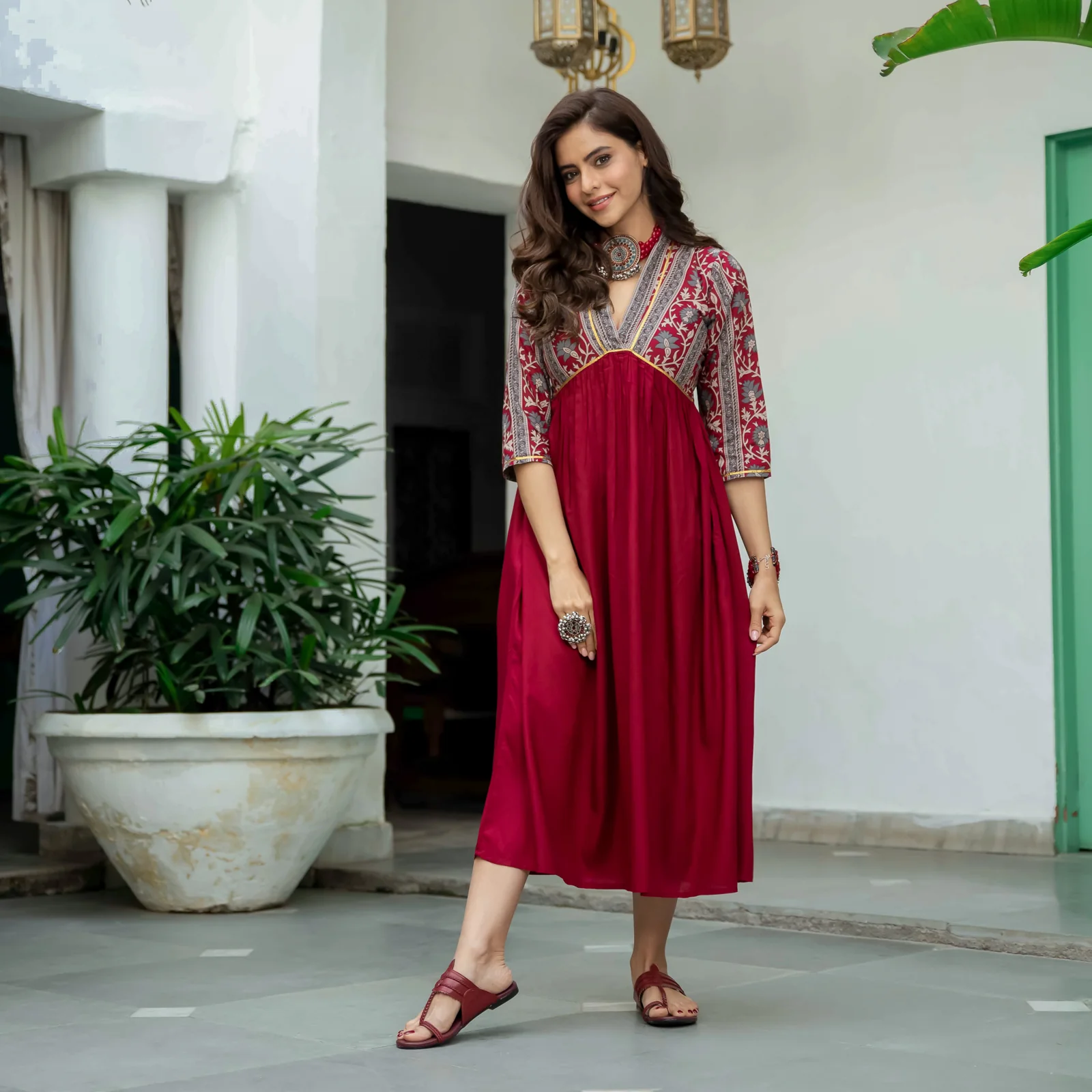 Maroon V Neck Alia Cut Dress - Image 9