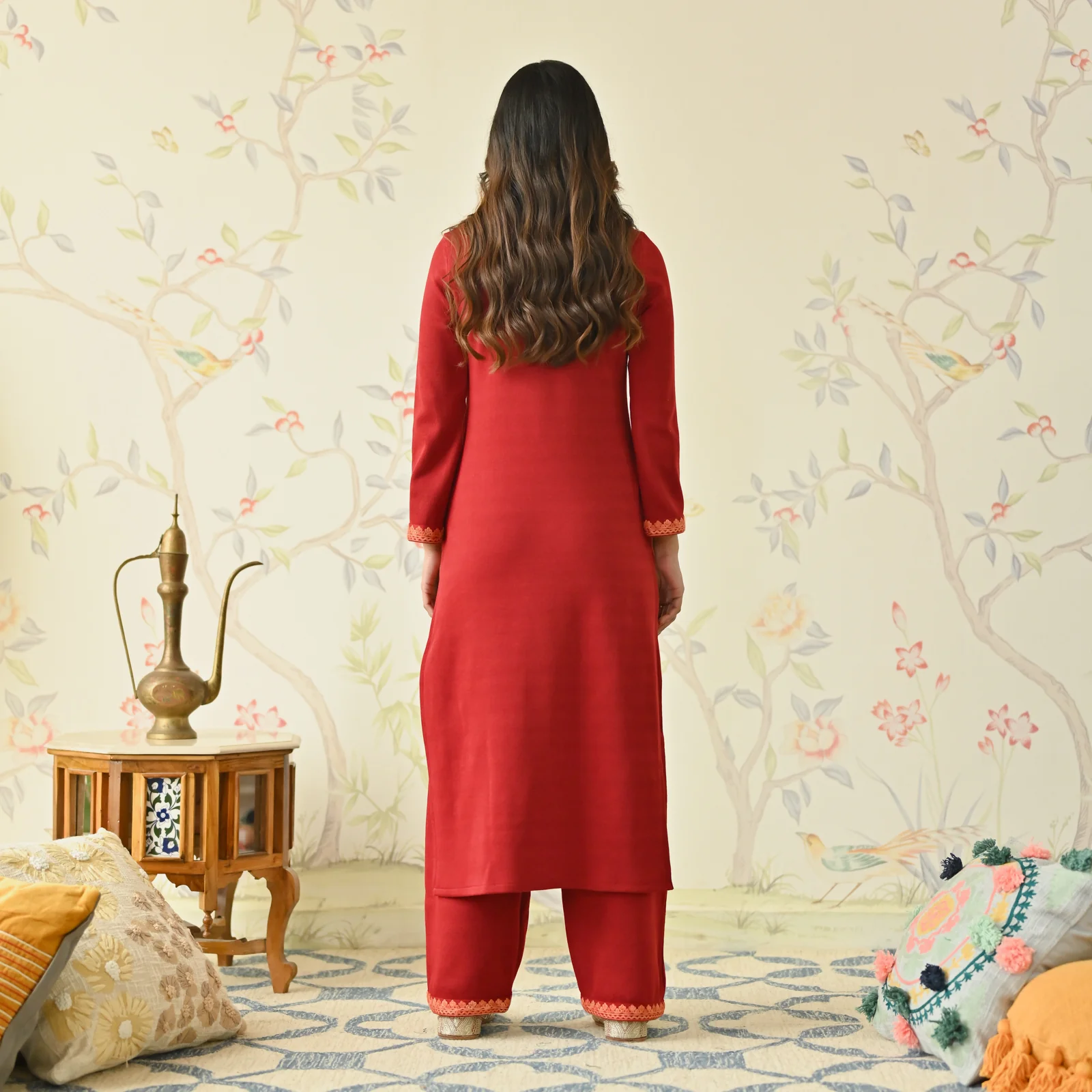 Maroon Woollen Aari Embroidered Floral Kurta - Image 7