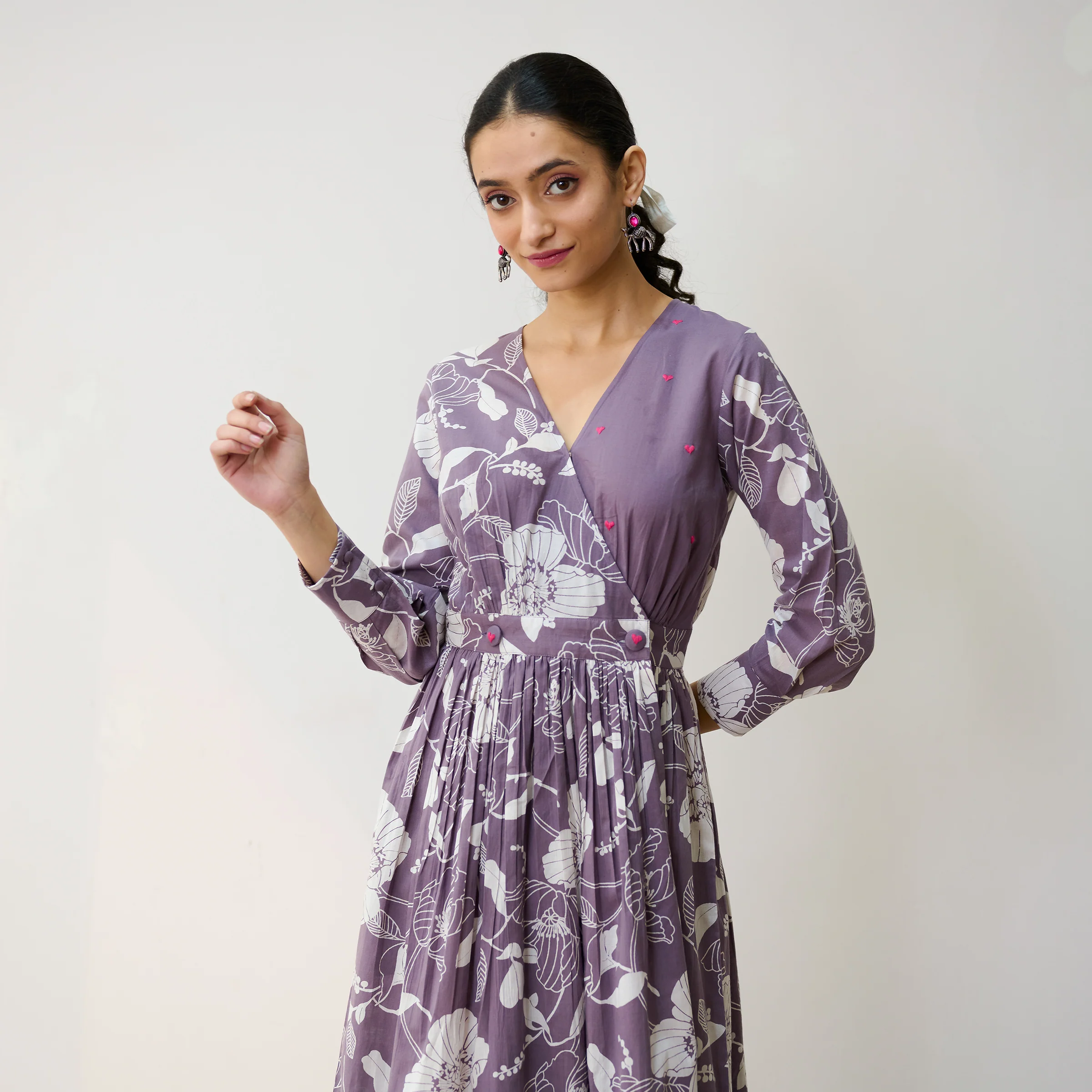 Mauve Ayesha Cotton Overlap Dress with Hand Embroidery Detail - Image 3