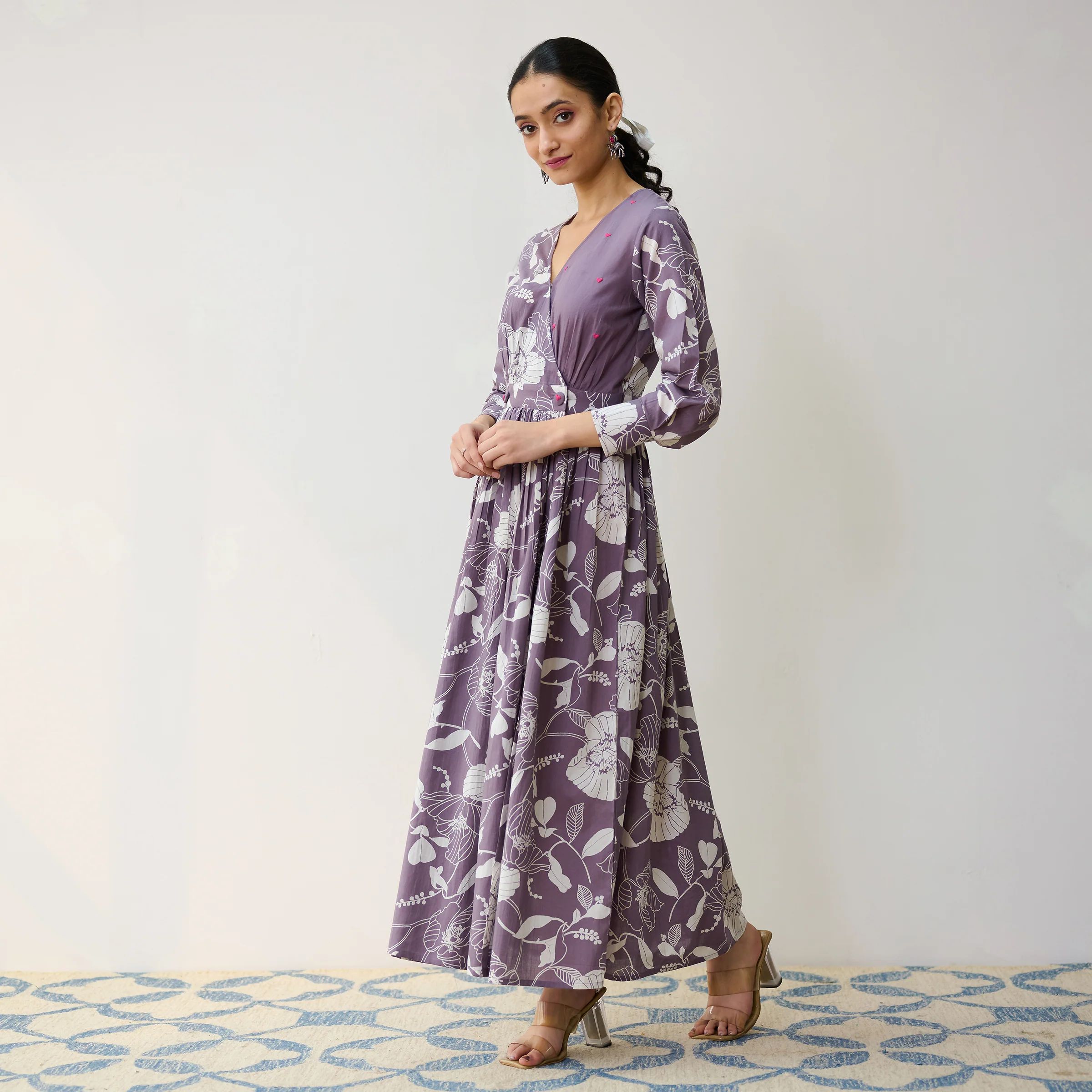 Mauve Ayesha Cotton Overlap Dress with Hand Embroidery Detail - Image 4