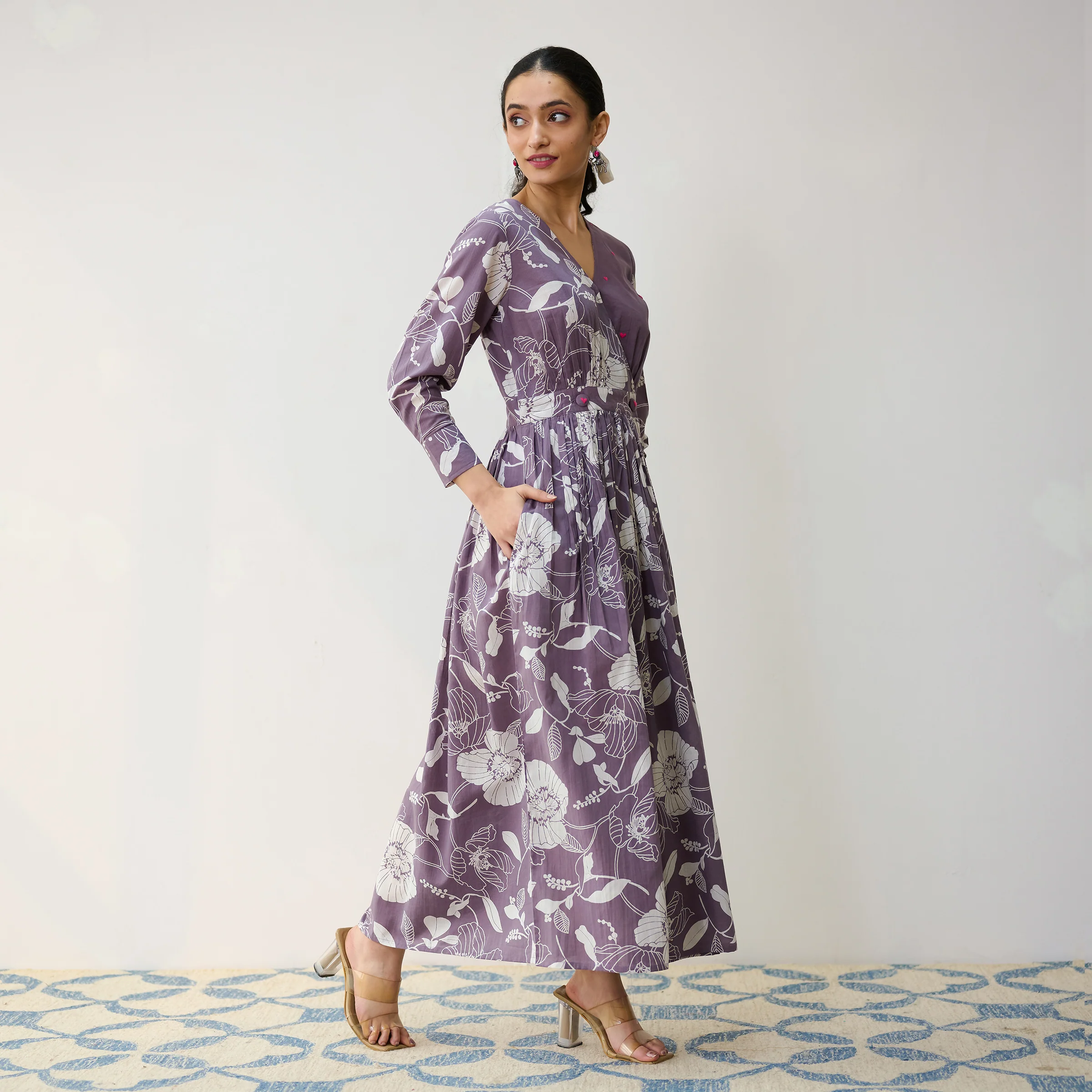 Mauve Ayesha Cotton Overlap Dress with Hand Embroidery Detail - Image 5