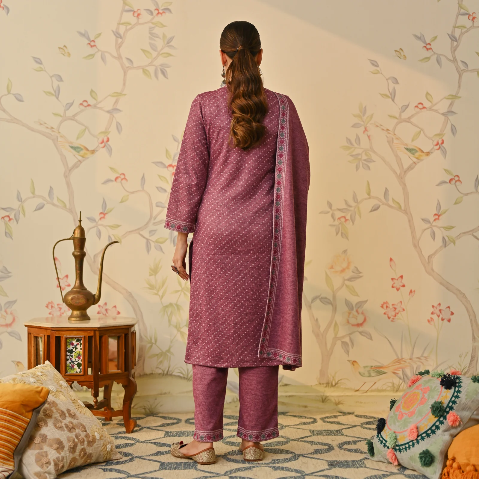 Mauve Kutch Embroidered Woollen Kurta Pant Set with Dupatta - Image 10