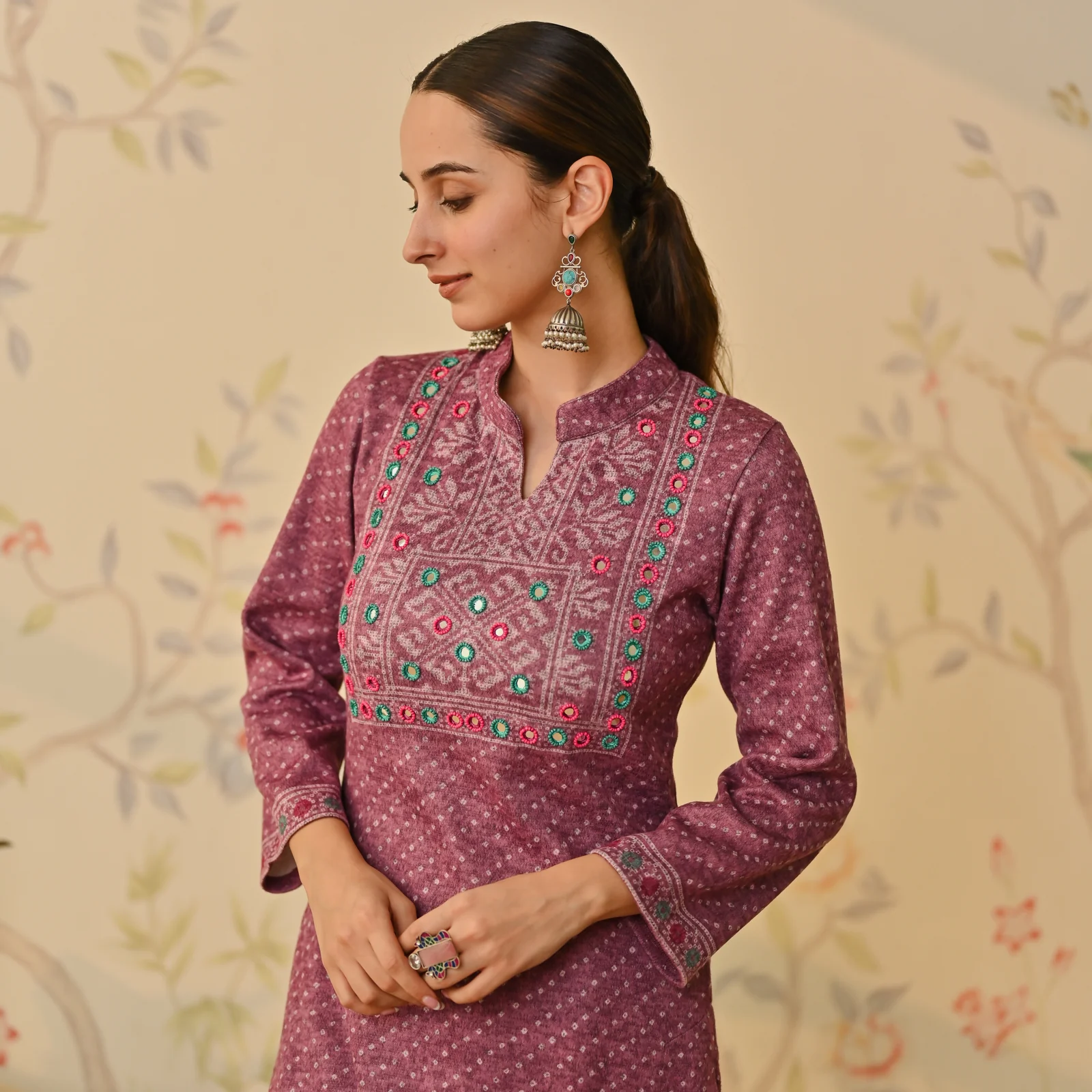 Mauve Kutch Embroidered Woollen Kurta Pant Set with Dupatta - Image 5