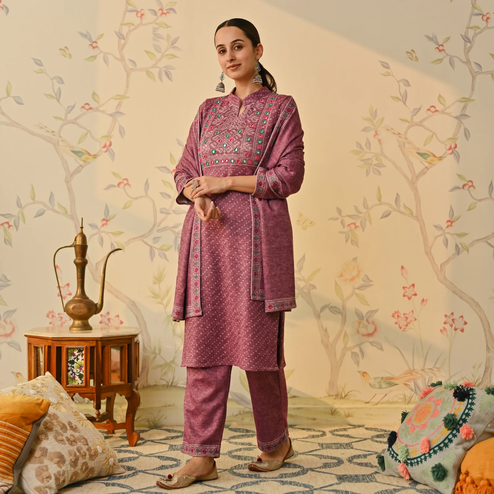 Mauve Kutch Embroidered Woollen Kurta Pant Set with Dupatta - Image 6