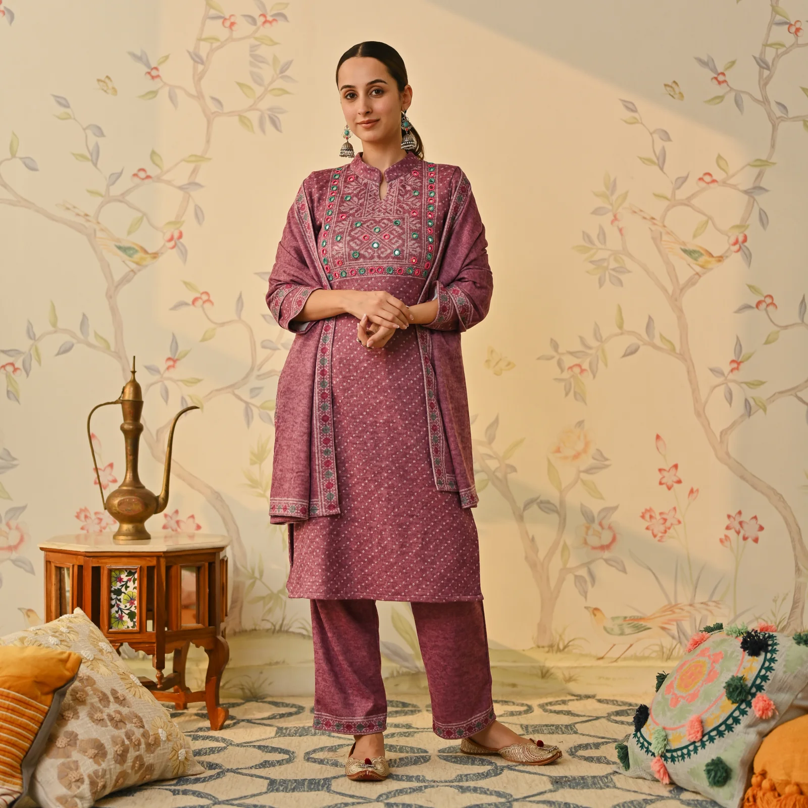 Mauve Kutch Embroidered Woollen Kurta Pant Set with Dupatta - Image 9