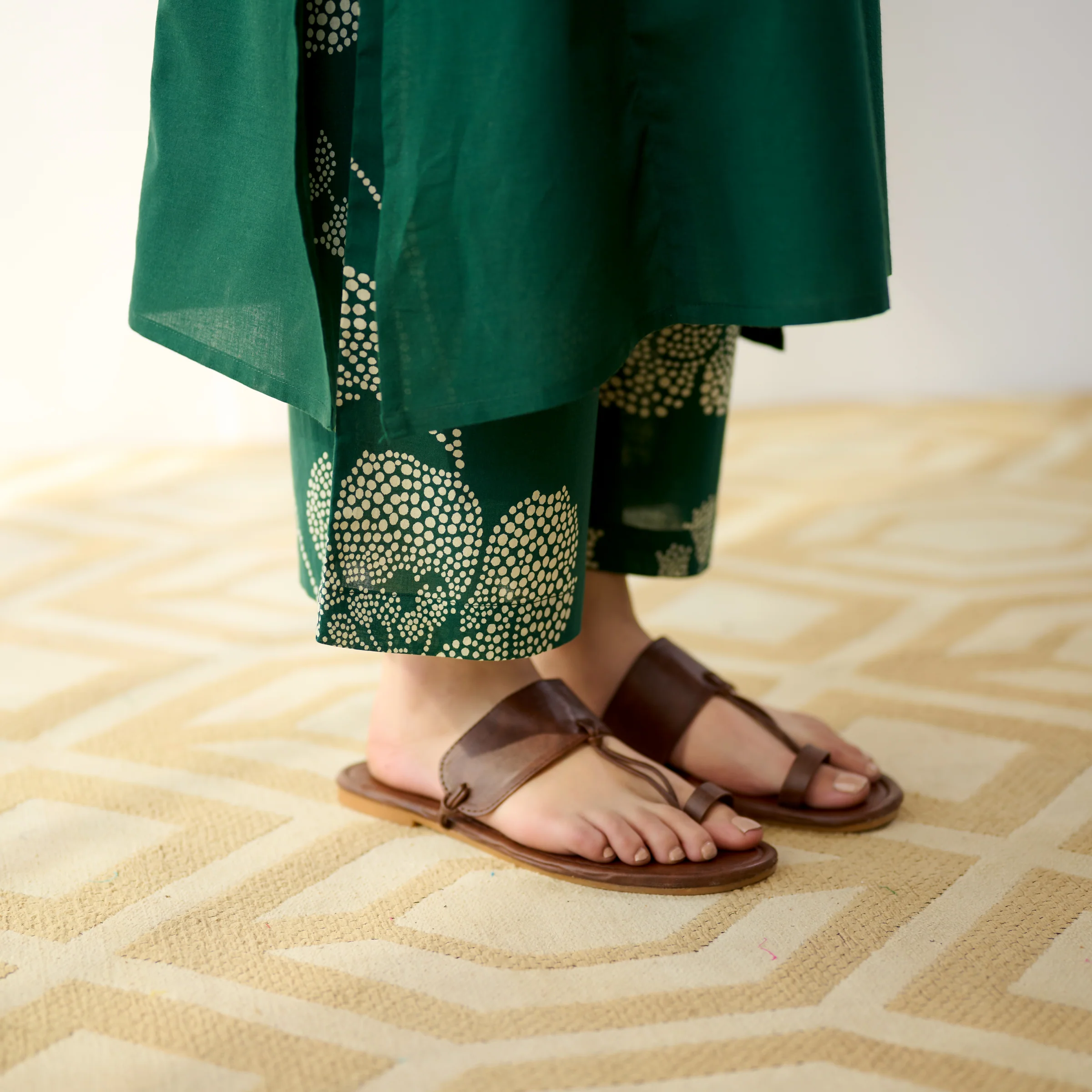Meadow Patchwork Cotton Kurta Set - Emerald Green - Image 3