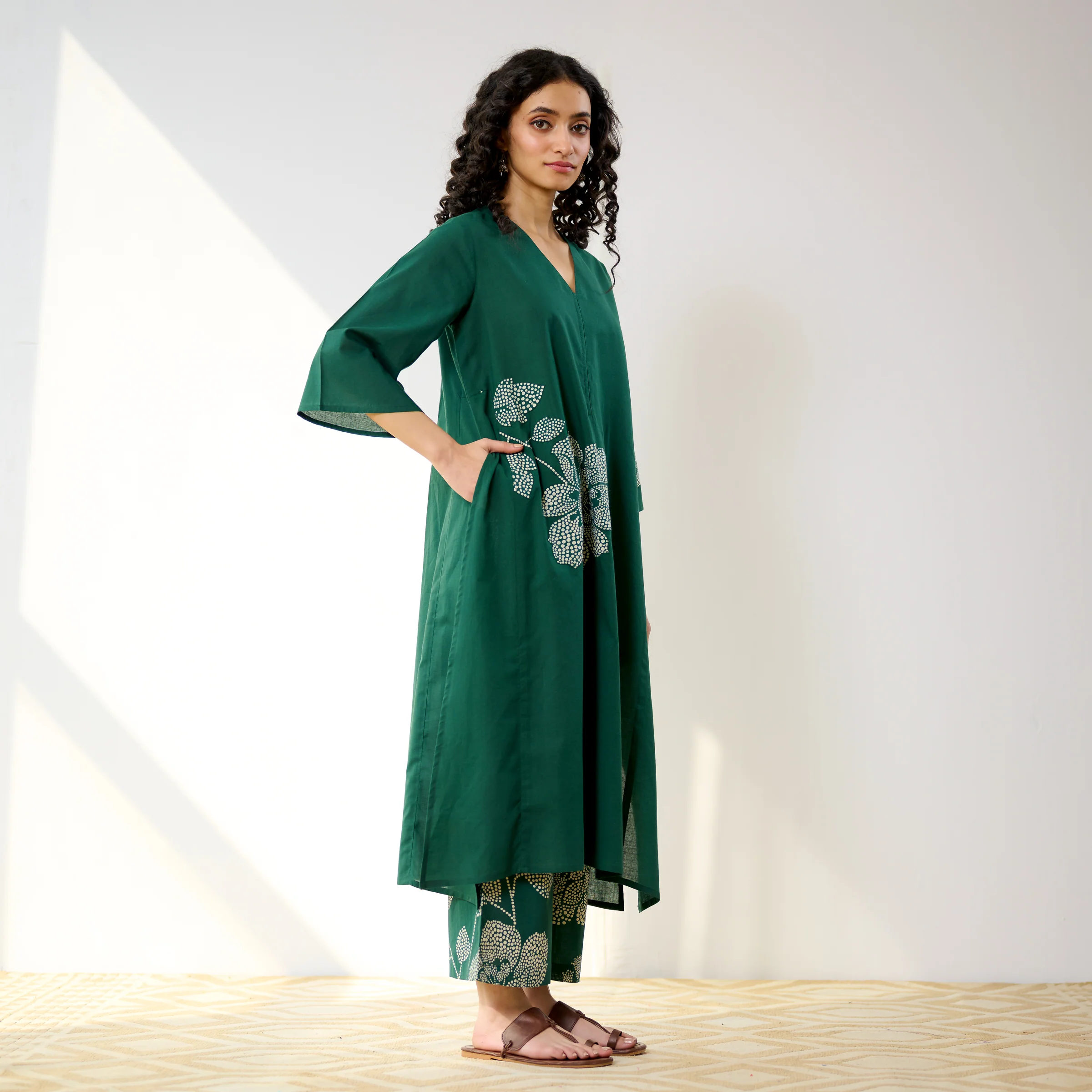 Meadow Patchwork Cotton Kurta Set - Emerald Green - Image 4