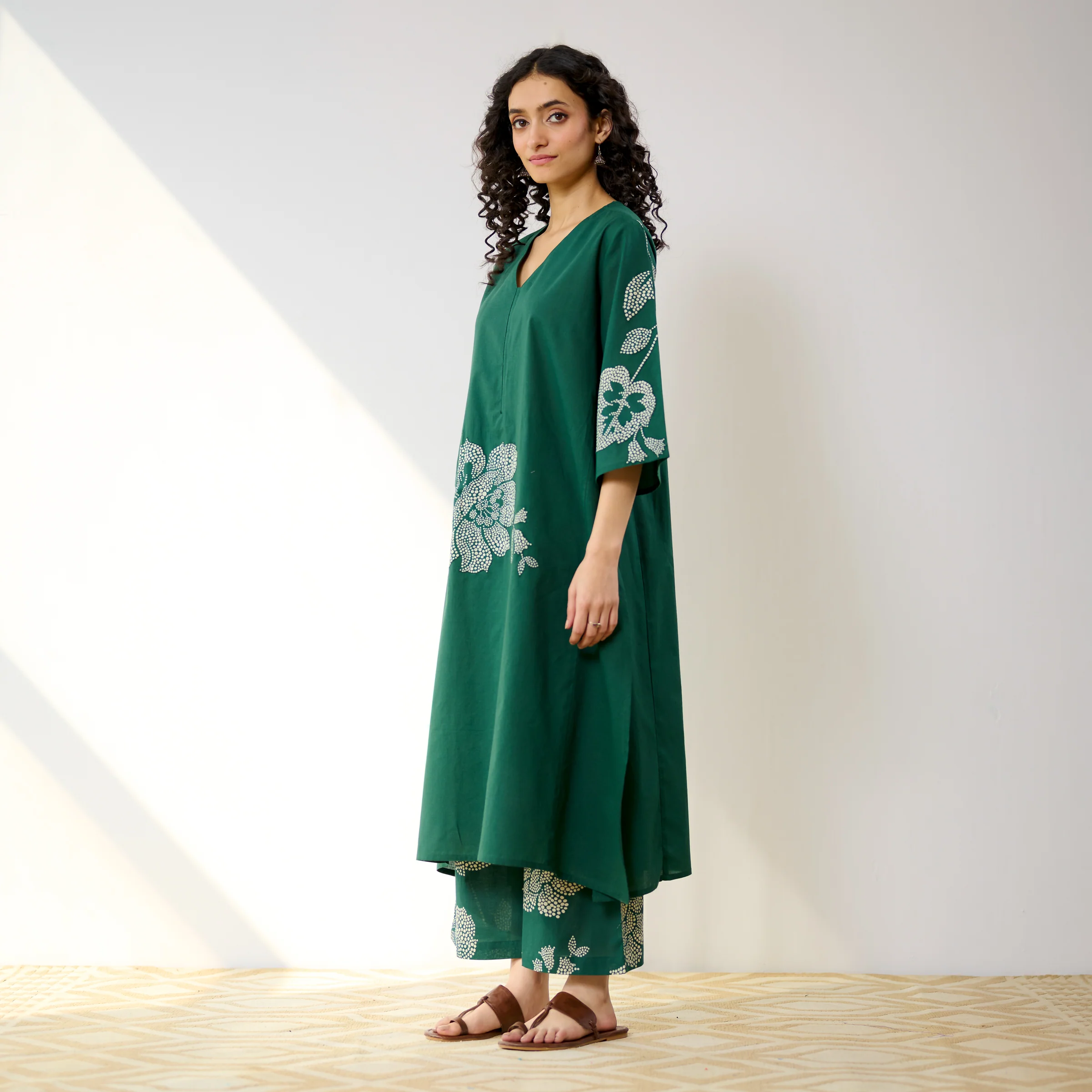 Meadow Patchwork Cotton Kurta Set - Emerald Green - Image 5