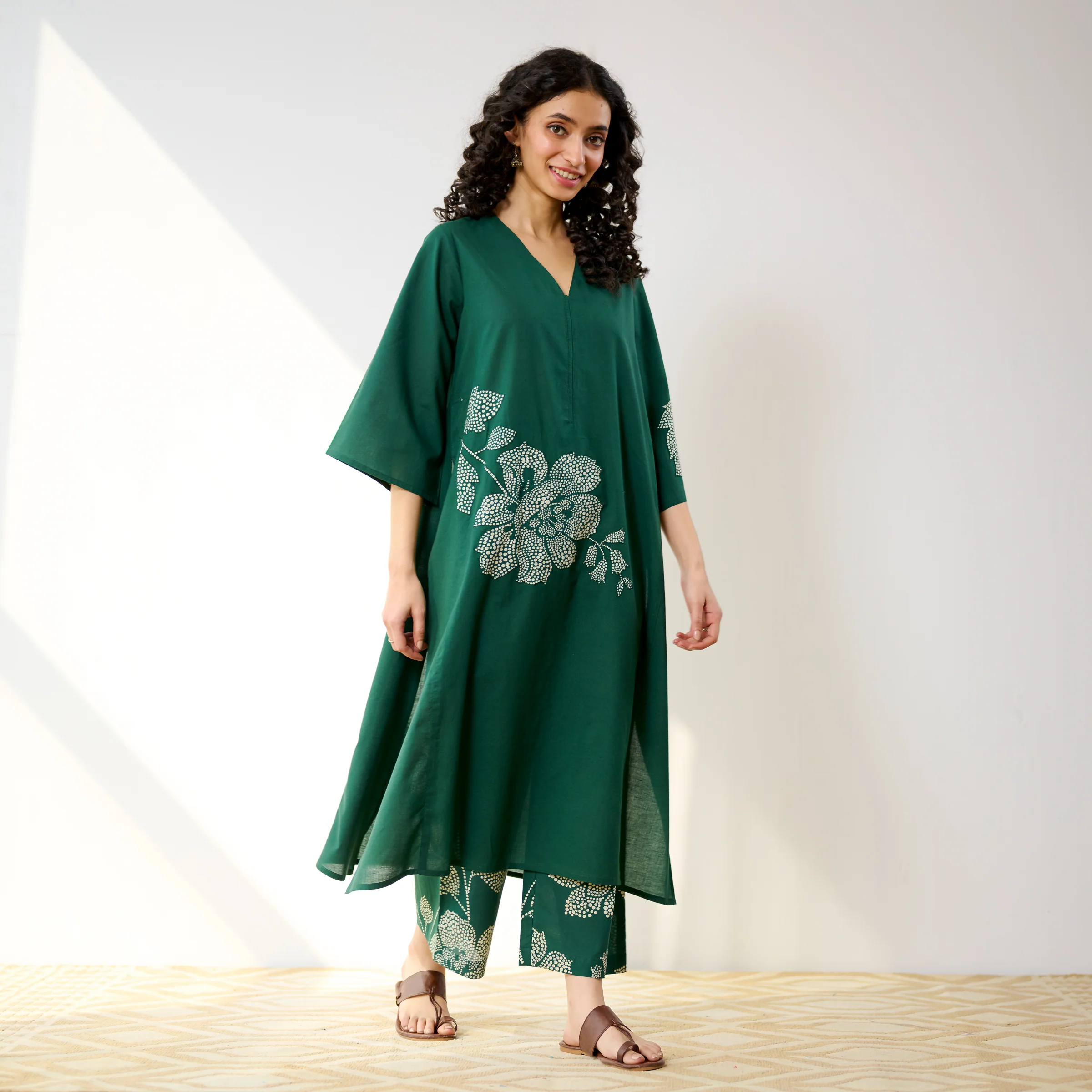 Meadow Patchwork Cotton Kurta Set - Emerald Green - Image 7