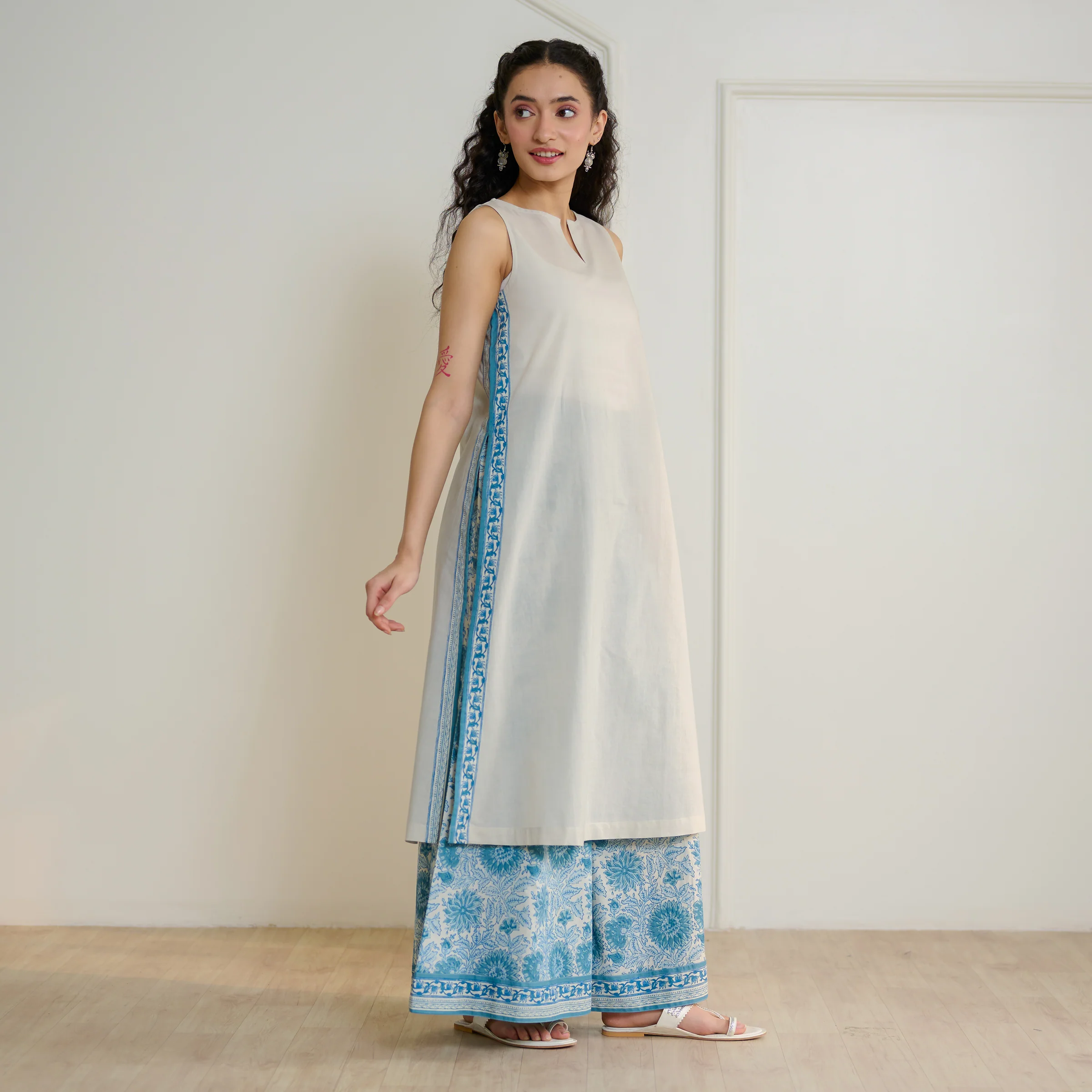 Mehek Sanganeri Inspired Sleeveless Kurta Palazzo Set - Beige - Image 3
