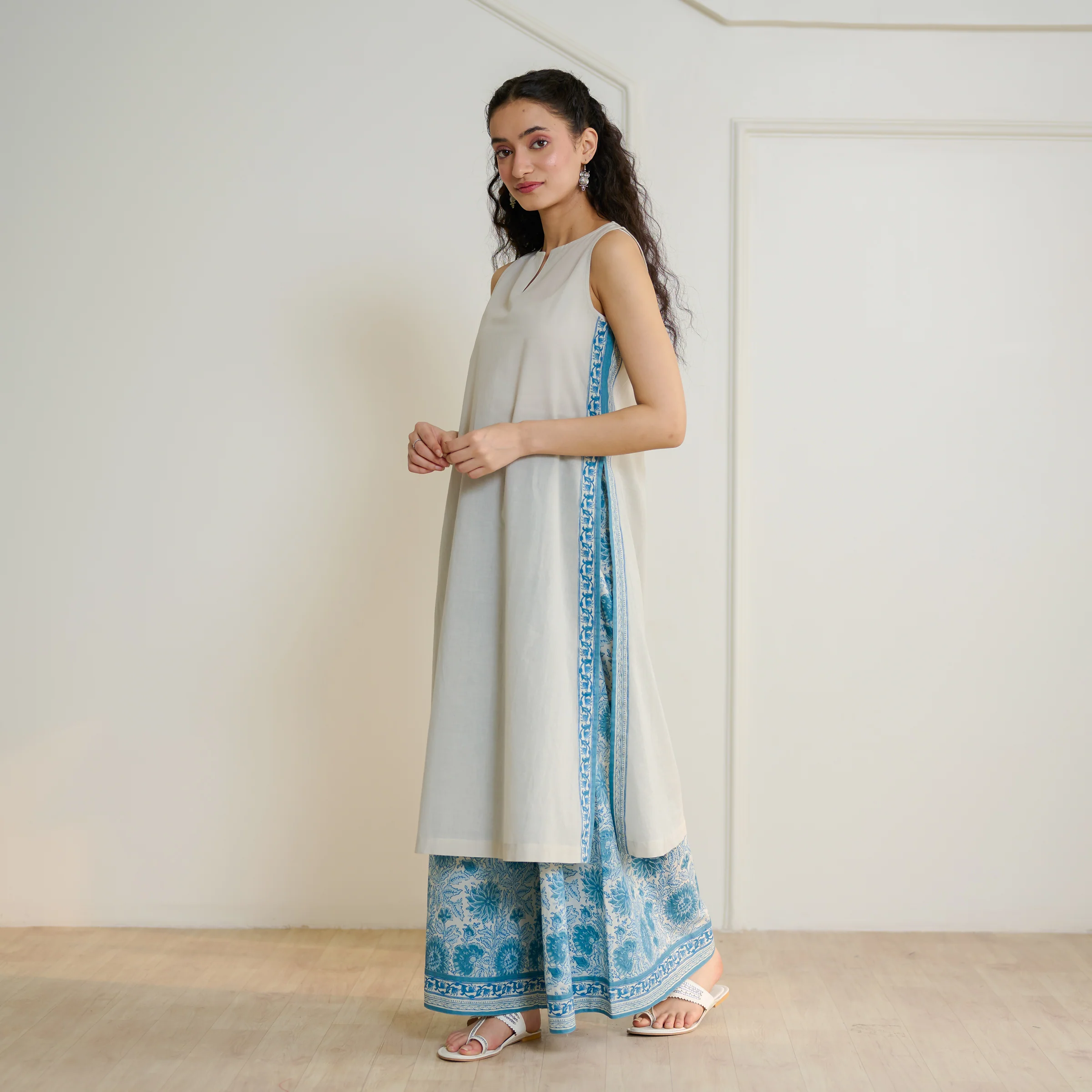 Mehek Sanganeri Inspired Sleeveless Kurta Palazzo Set - Beige - Image 4