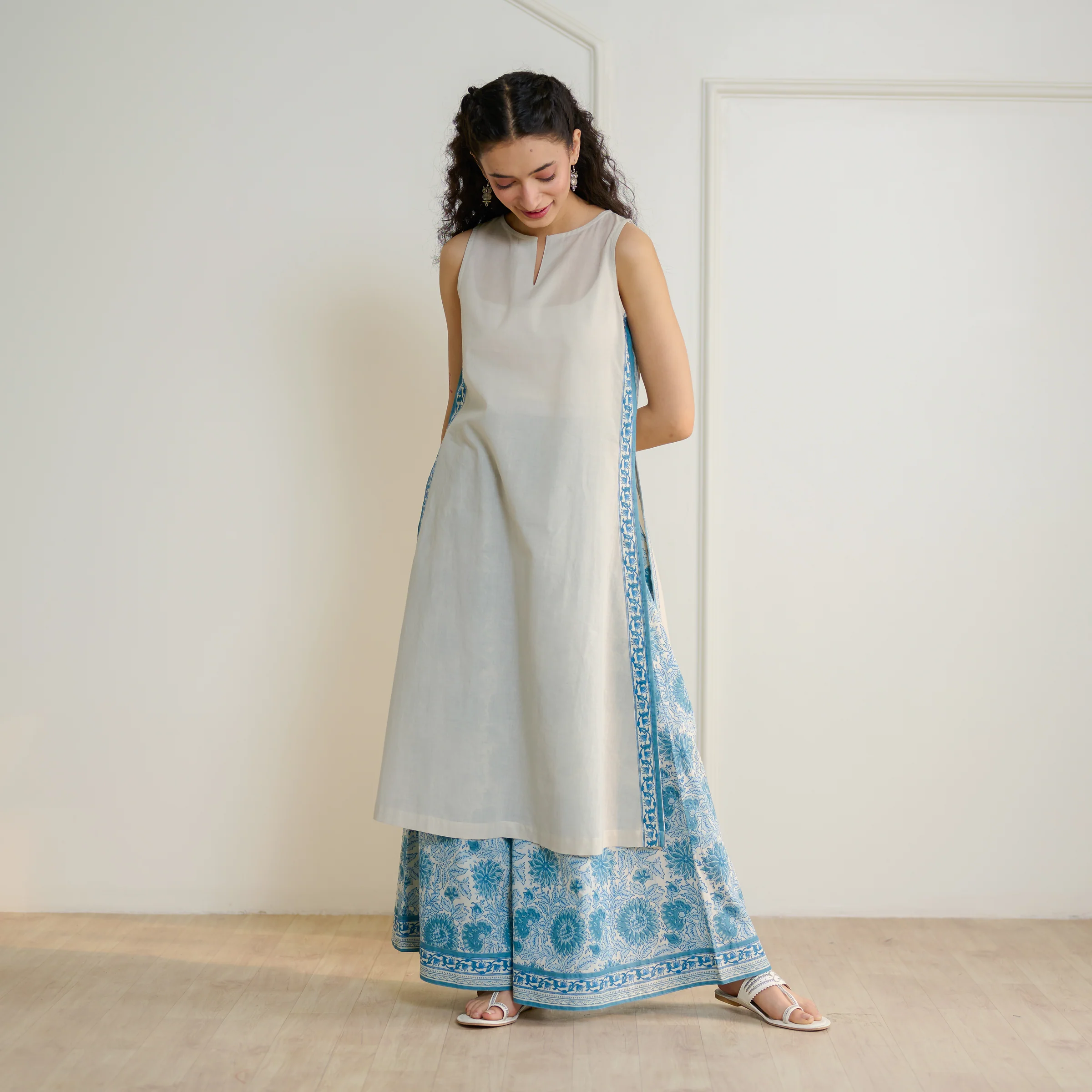 Mehek Sanganeri Inspired Sleeveless Kurta Palazzo Set - Beige - Image 6