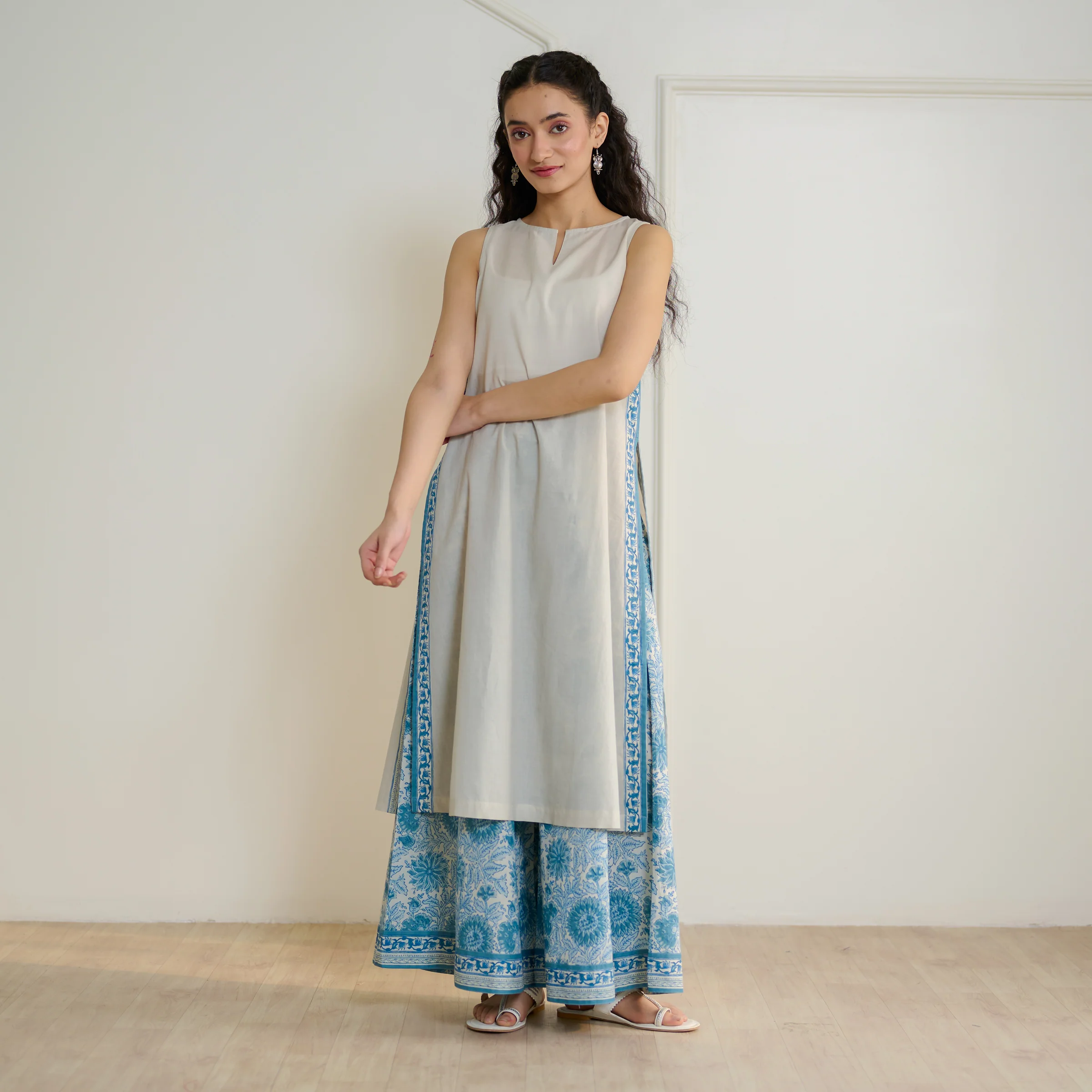 Mehek Sanganeri Inspired Sleeveless Kurta Palazzo Set - Beige - Image 7