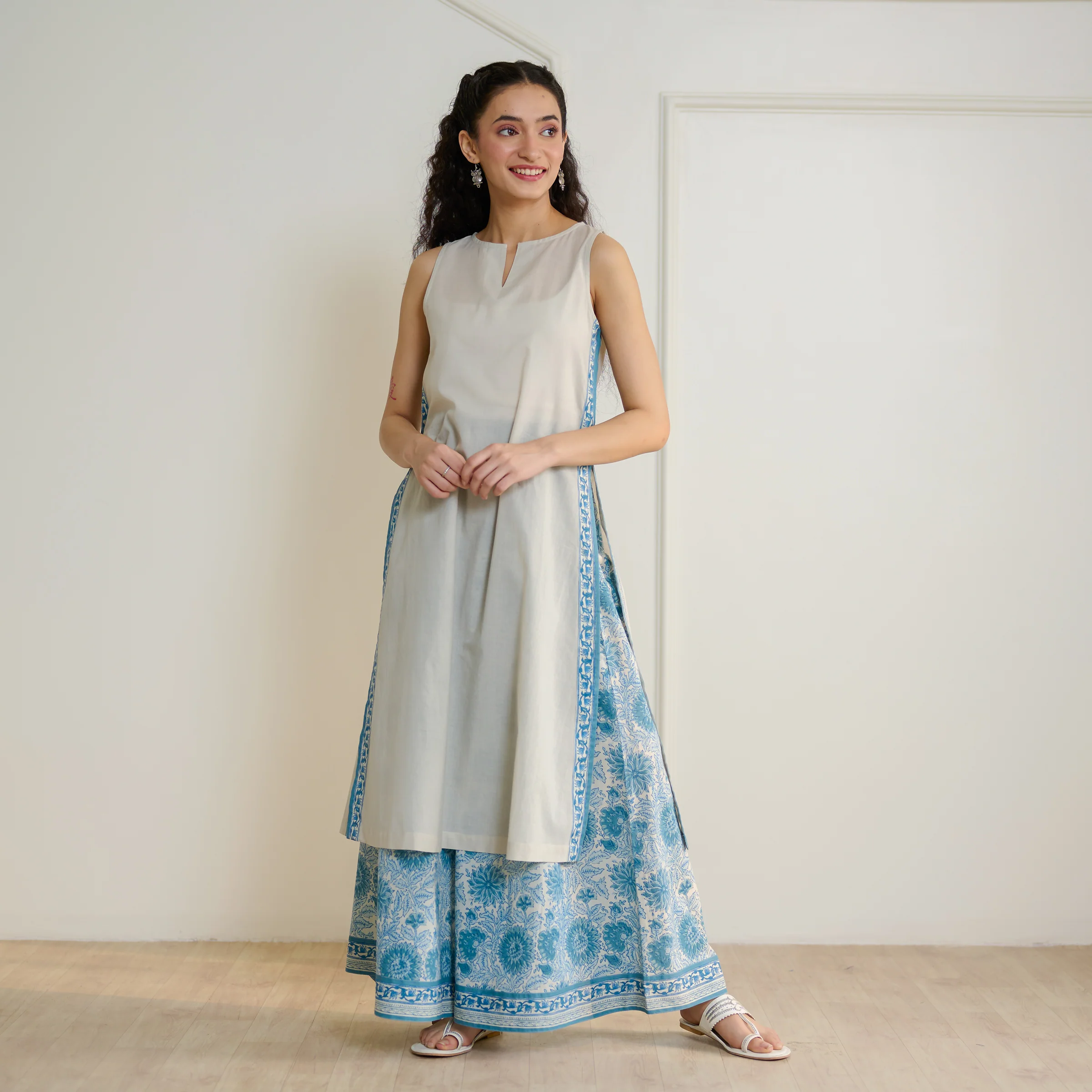 Mehek Sanganeri Inspired Sleeveless Kurta Palazzo Set - Beige - Image 8