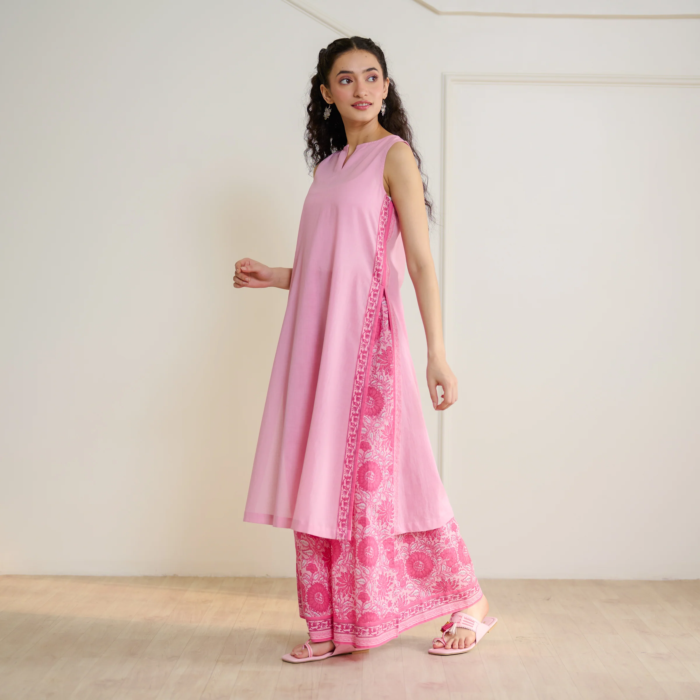 Mehek Sanganeri Inspired Sleeveless Kurta Palazzo Set with Dupatta - Baby Pink - Image 12