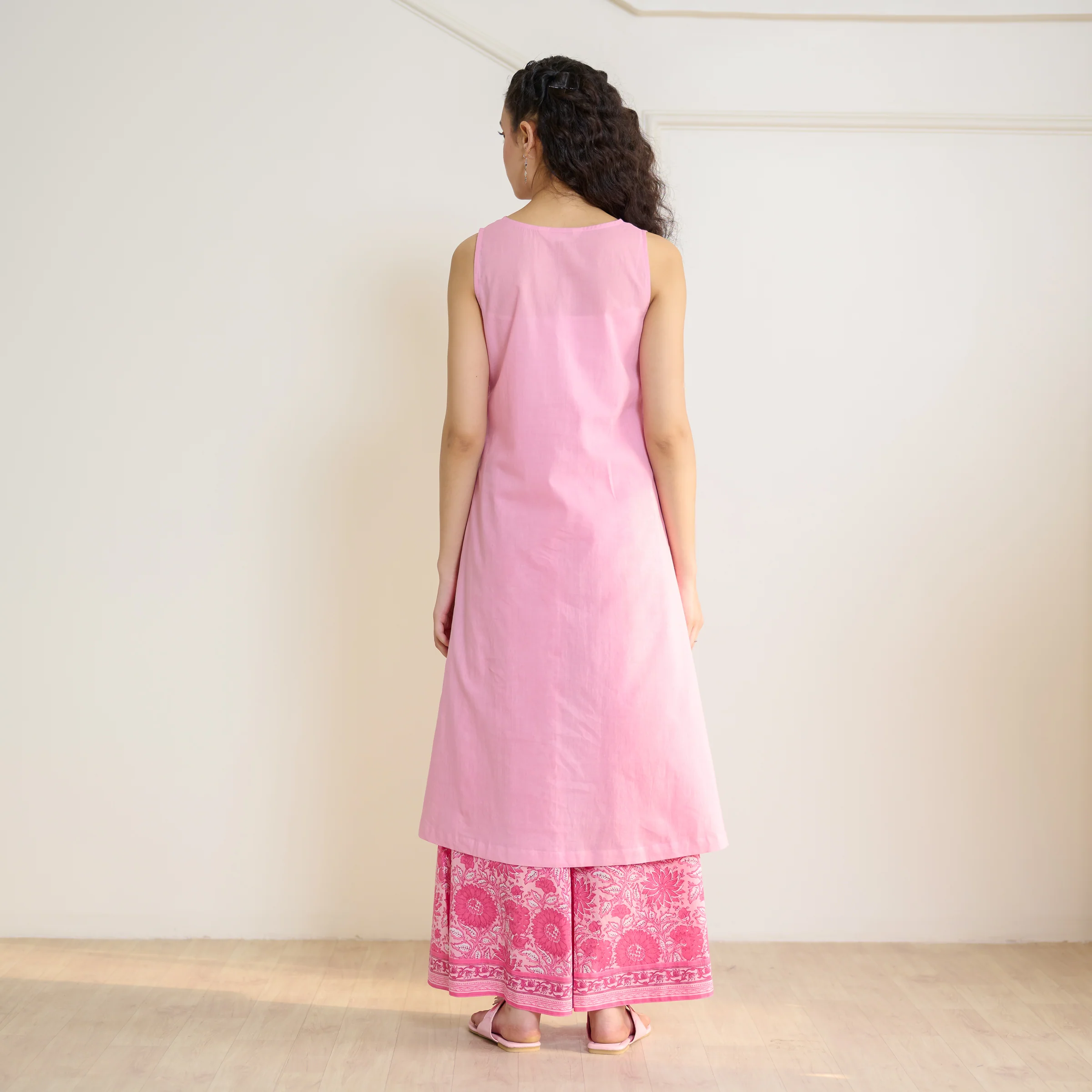 Mehek Sanganeri Inspired Sleeveless Kurta Palazzo Set with Dupatta - Baby Pink - Image 13
