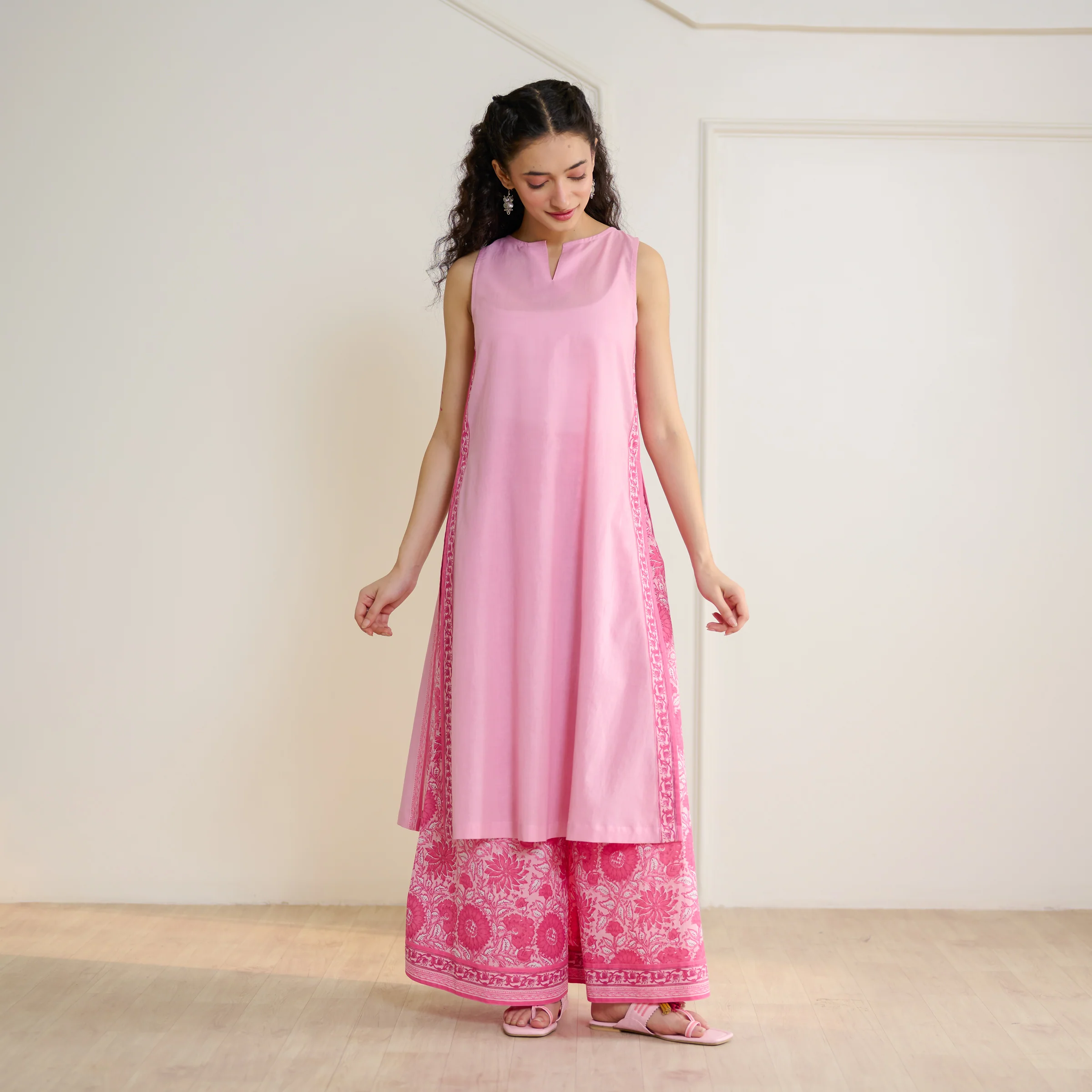 Mehek Sanganeri Inspired Sleeveless Kurta Palazzo Set with Dupatta - Baby Pink - Image 9