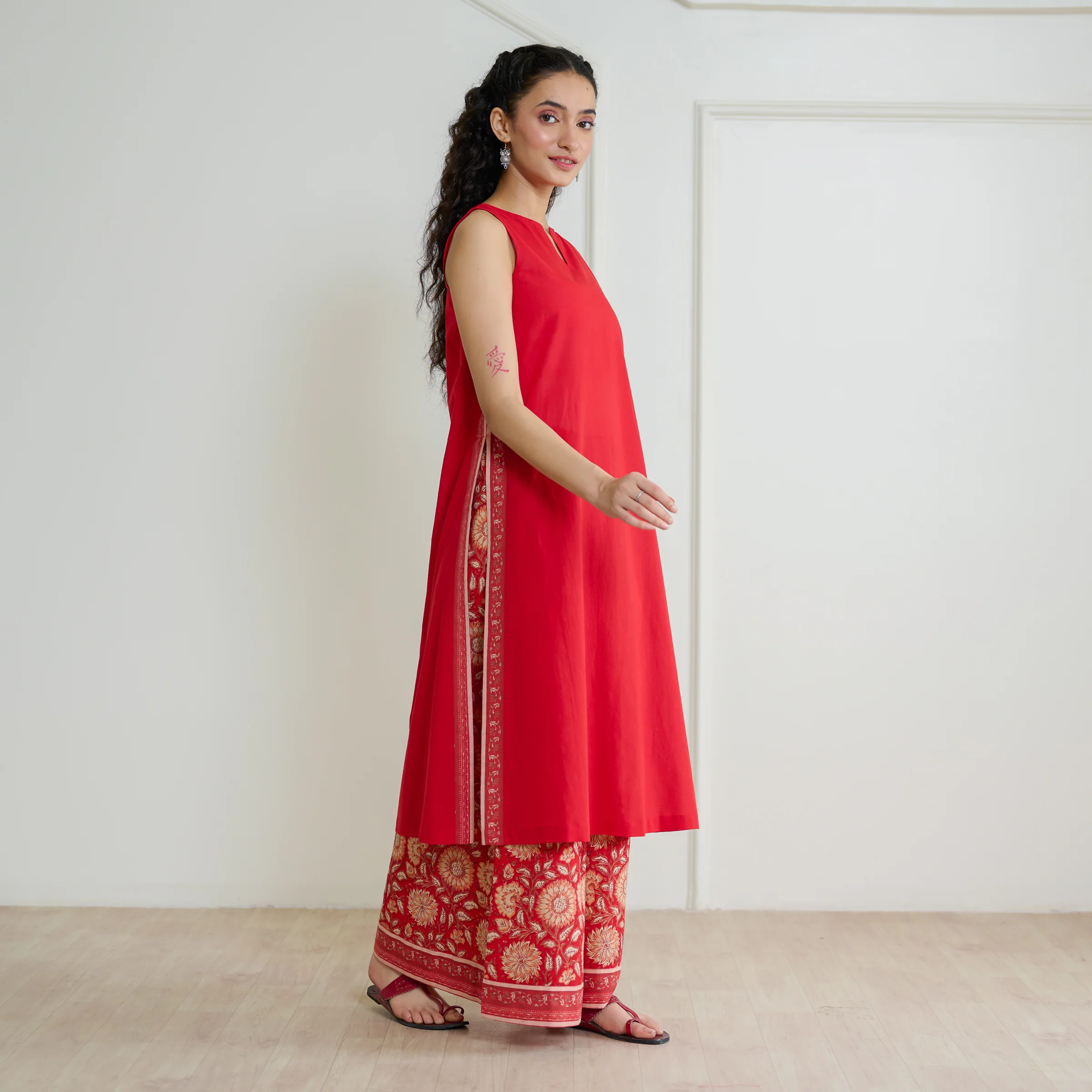 Mehek Sanganeri Inspired Sleeveless Kurta Palazzo Set with Dupatta - Cherry Red - Image 10