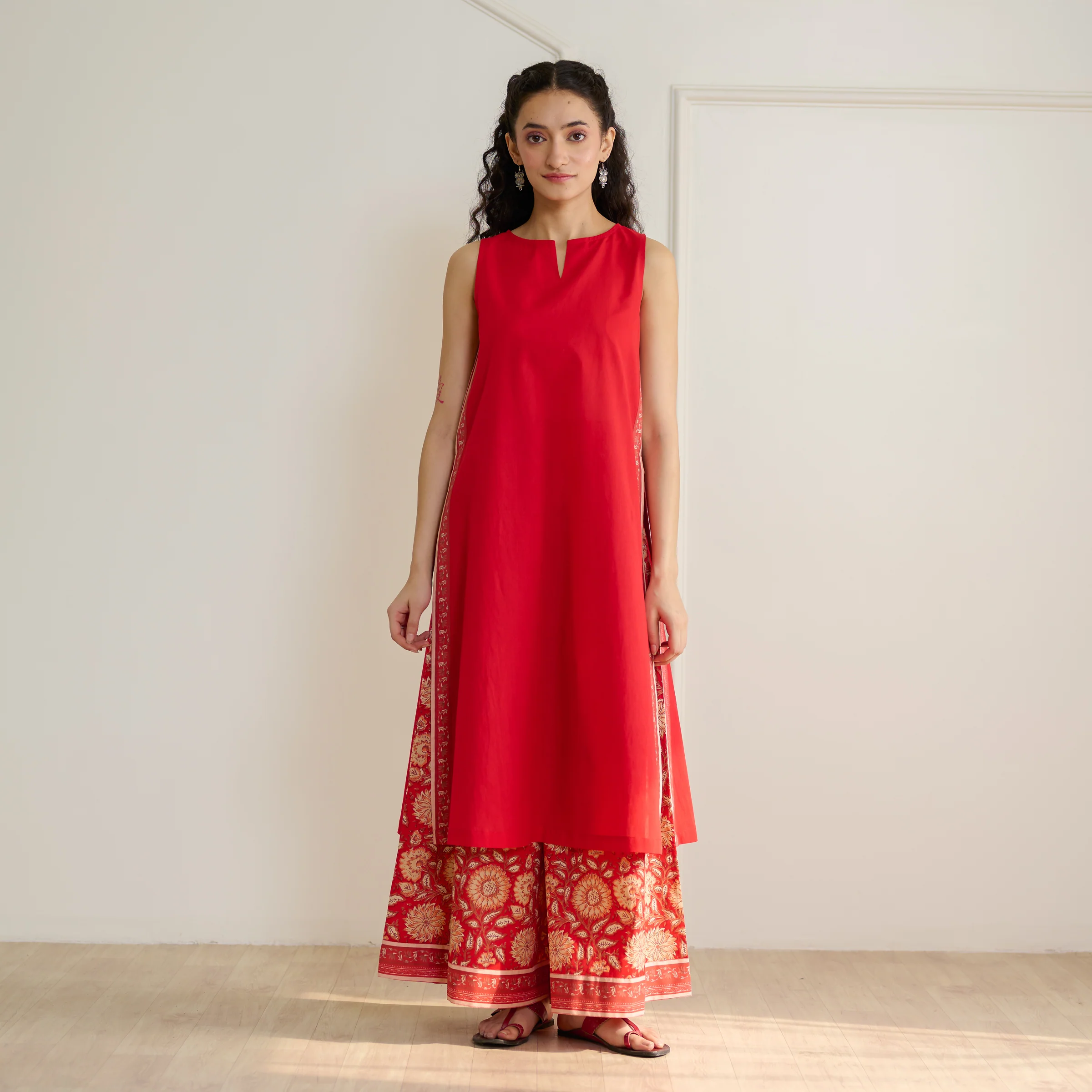 Mehek Sanganeri Inspired Sleeveless Kurta Palazzo Set with Dupatta - Cherry Red - Image 11