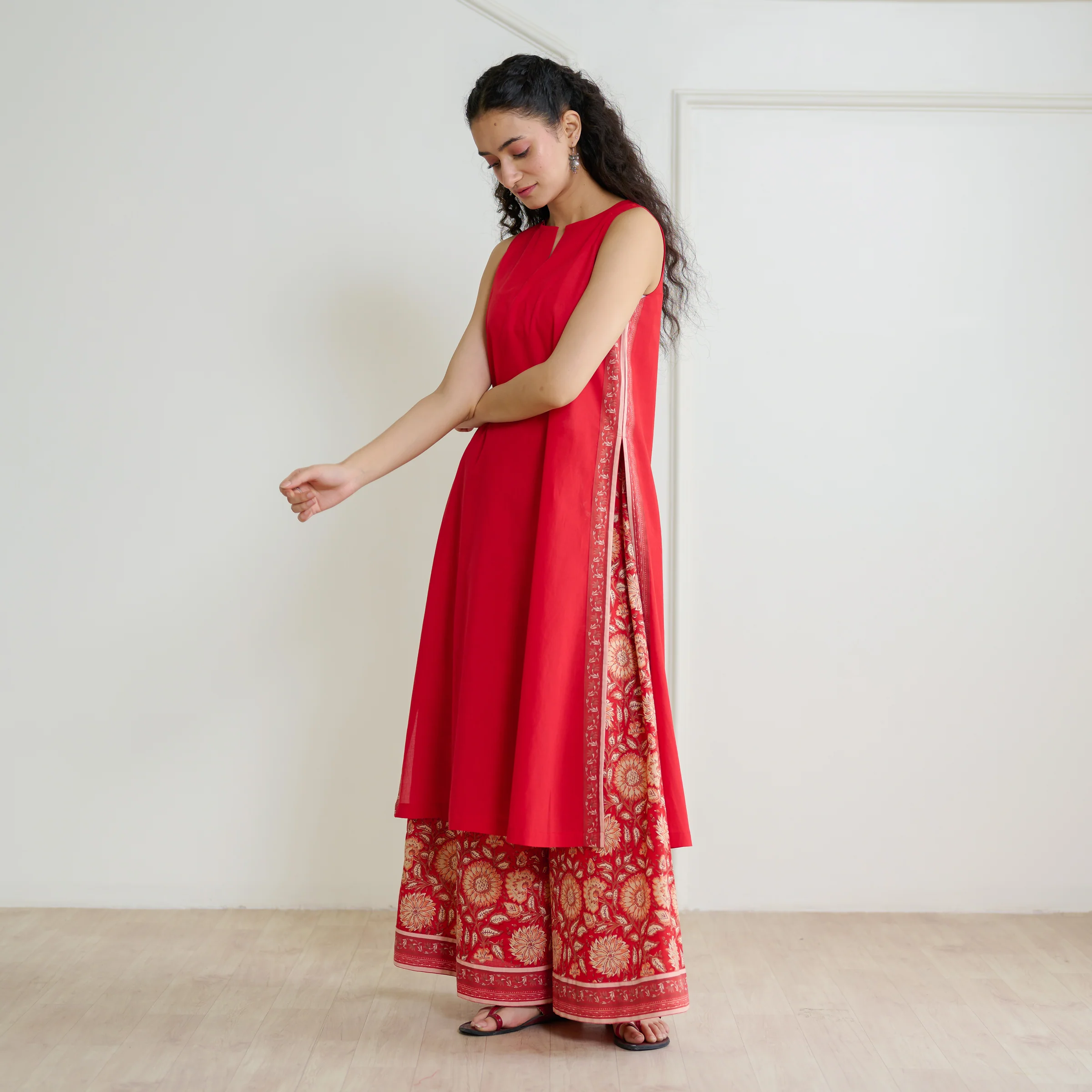 Mehek Sanganeri Inspired Sleeveless Kurta Palazzo Set with Dupatta - Cherry Red - Image 12