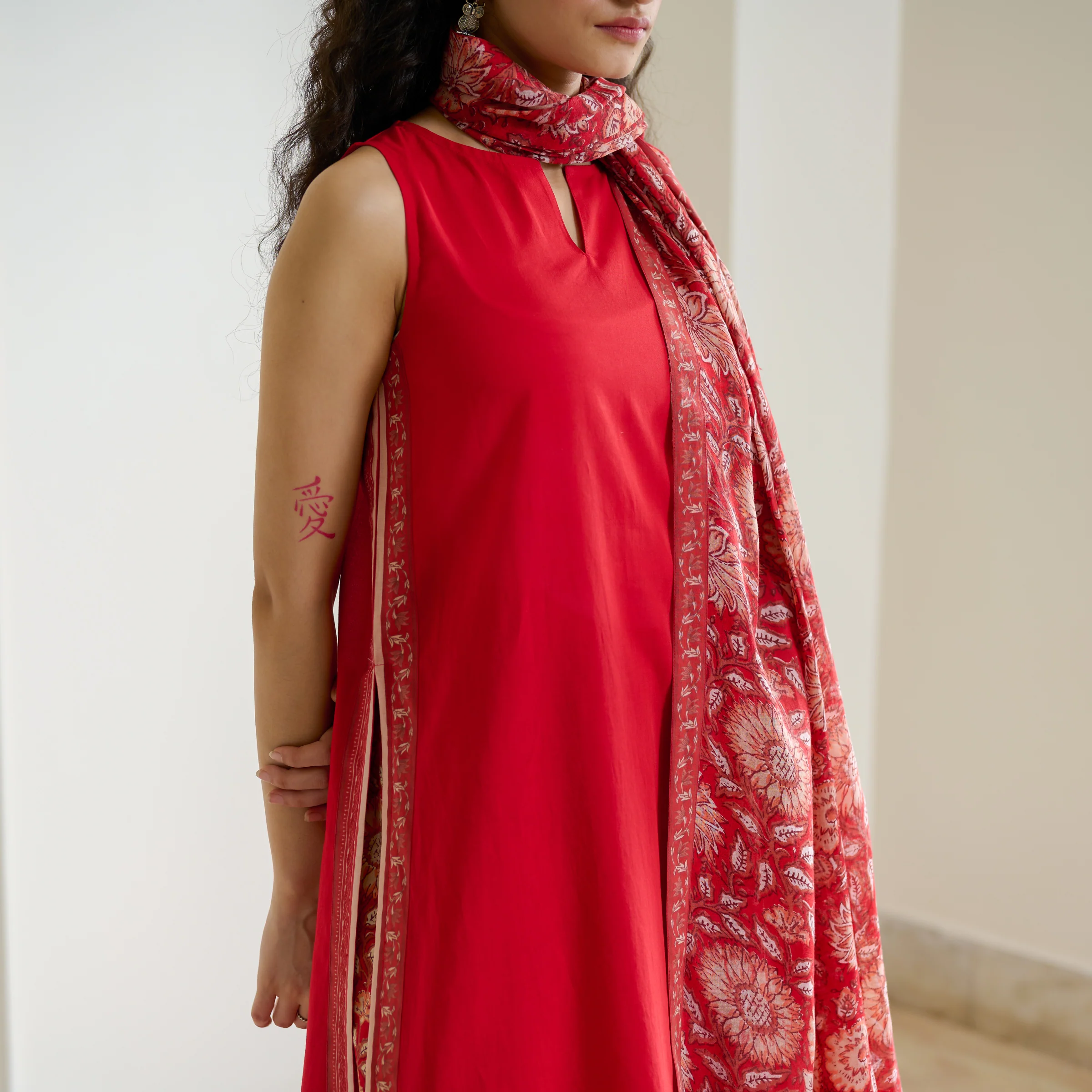 Mehek Sanganeri Inspired Sleeveless Kurta Palazzo Set with Dupatta - Cherry Red - Image 2