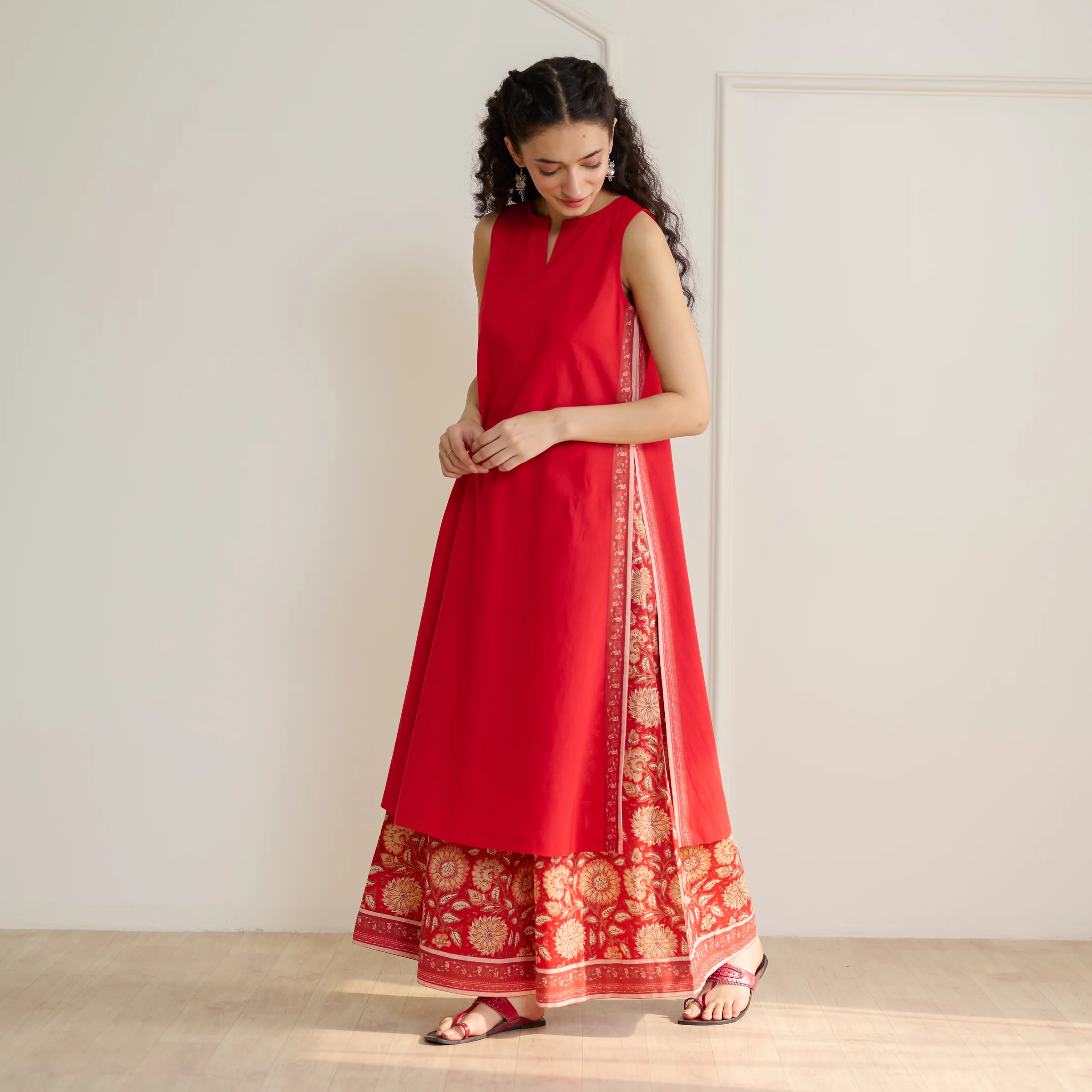 Mehek Sanganeri Inspired Sleeveless Kurta Palazzo Set with Dupatta - Cherry Red - Image 3