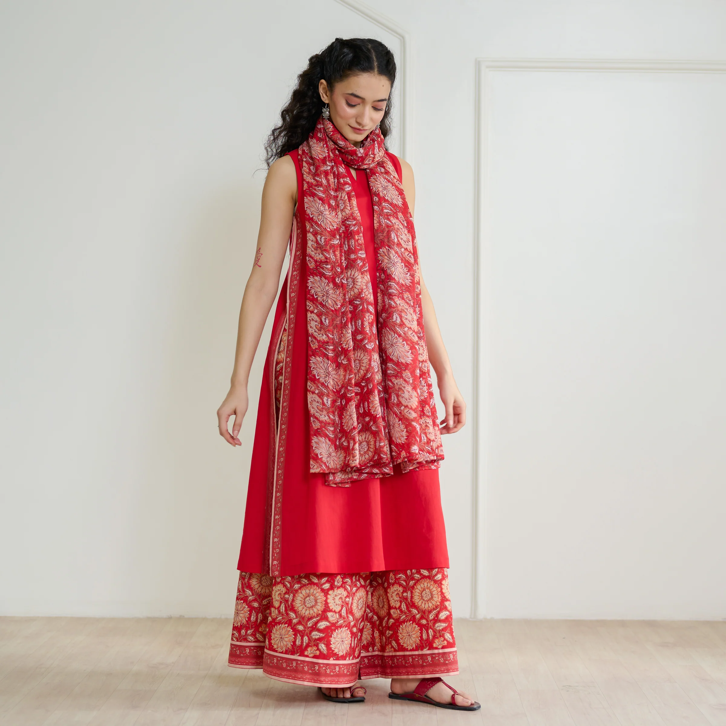 Mehek Sanganeri Inspired Sleeveless Kurta Palazzo Set with Dupatta - Cherry Red - Image 4