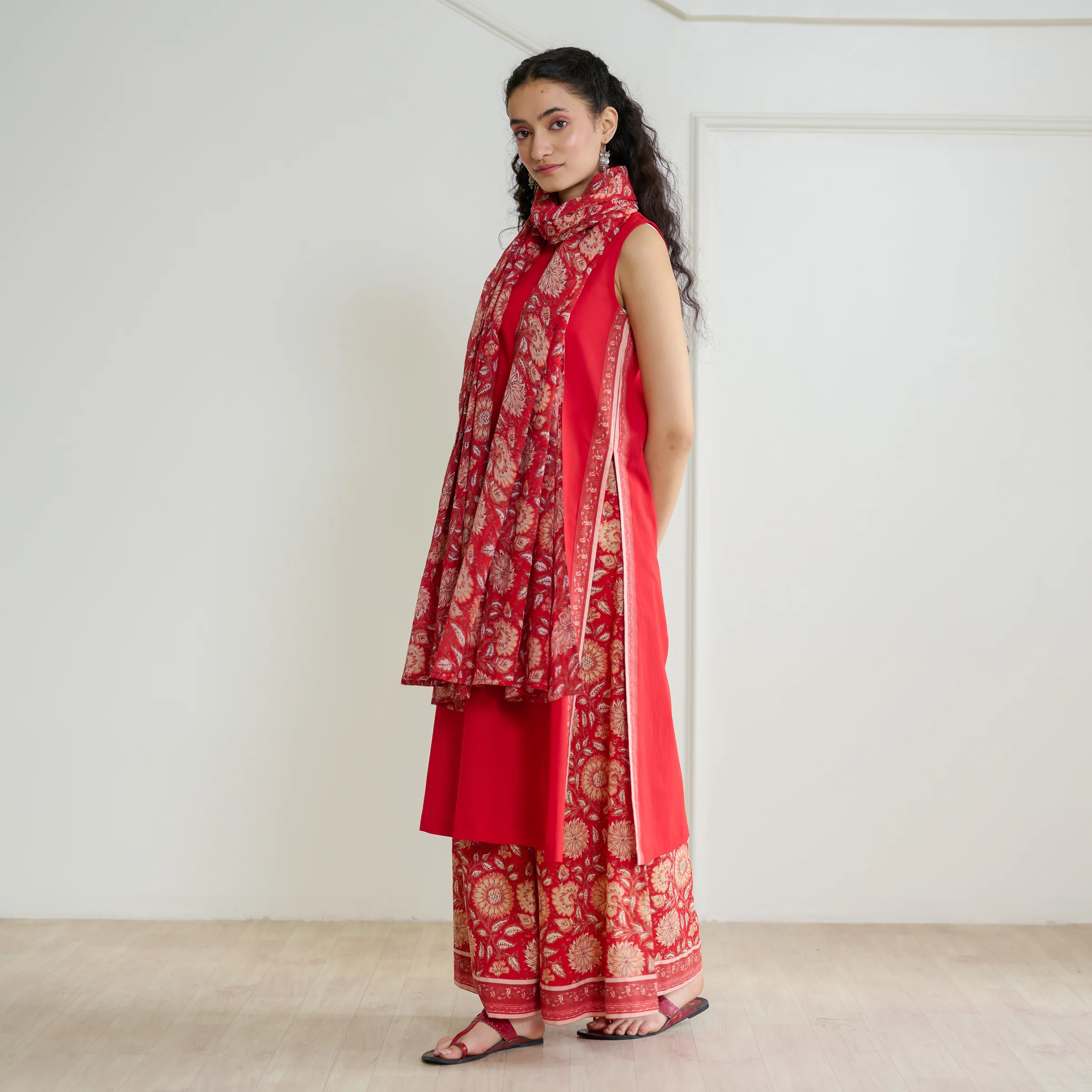 Mehek Sanganeri Inspired Sleeveless Kurta Palazzo Set with Dupatta - Cherry Red - Image 5