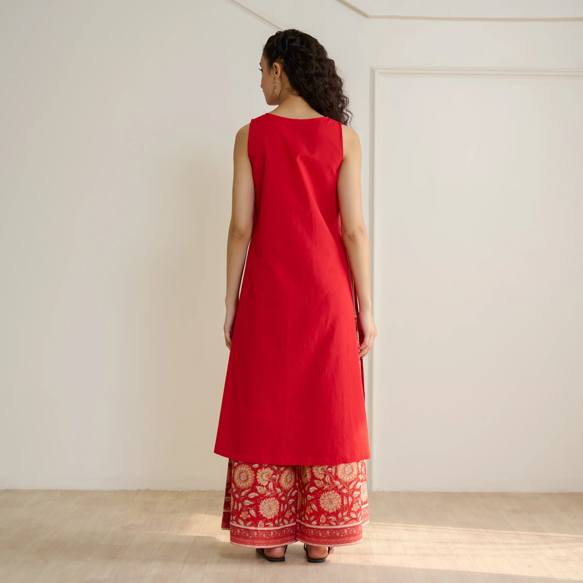 Mehek Sanganeri Inspired Sleeveless Kurta Palazzo Set with Dupatta - Cherry Red - Image 6