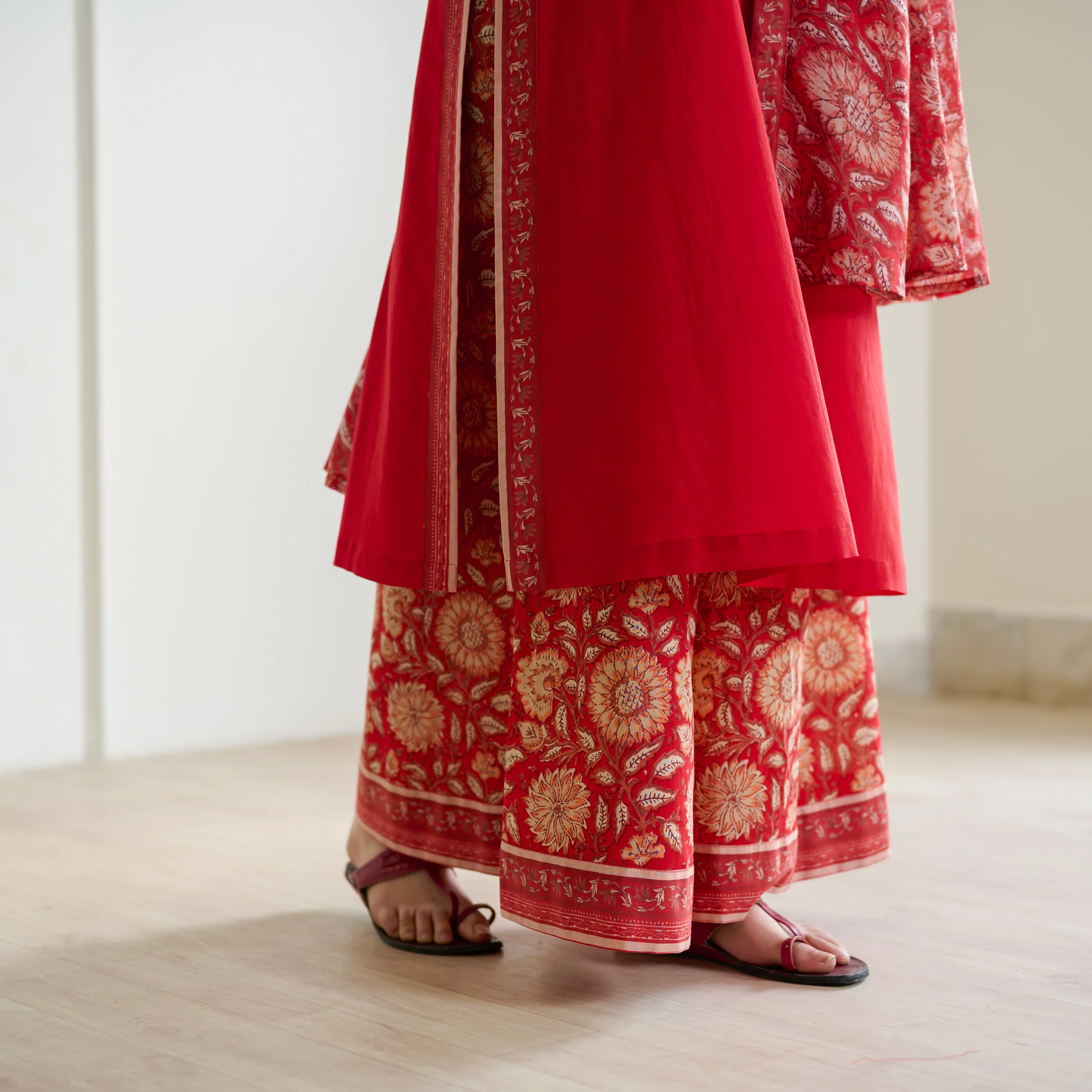 Mehek Sanganeri Inspired Sleeveless Kurta Palazzo Set with Dupatta - Cherry Red - Image 7