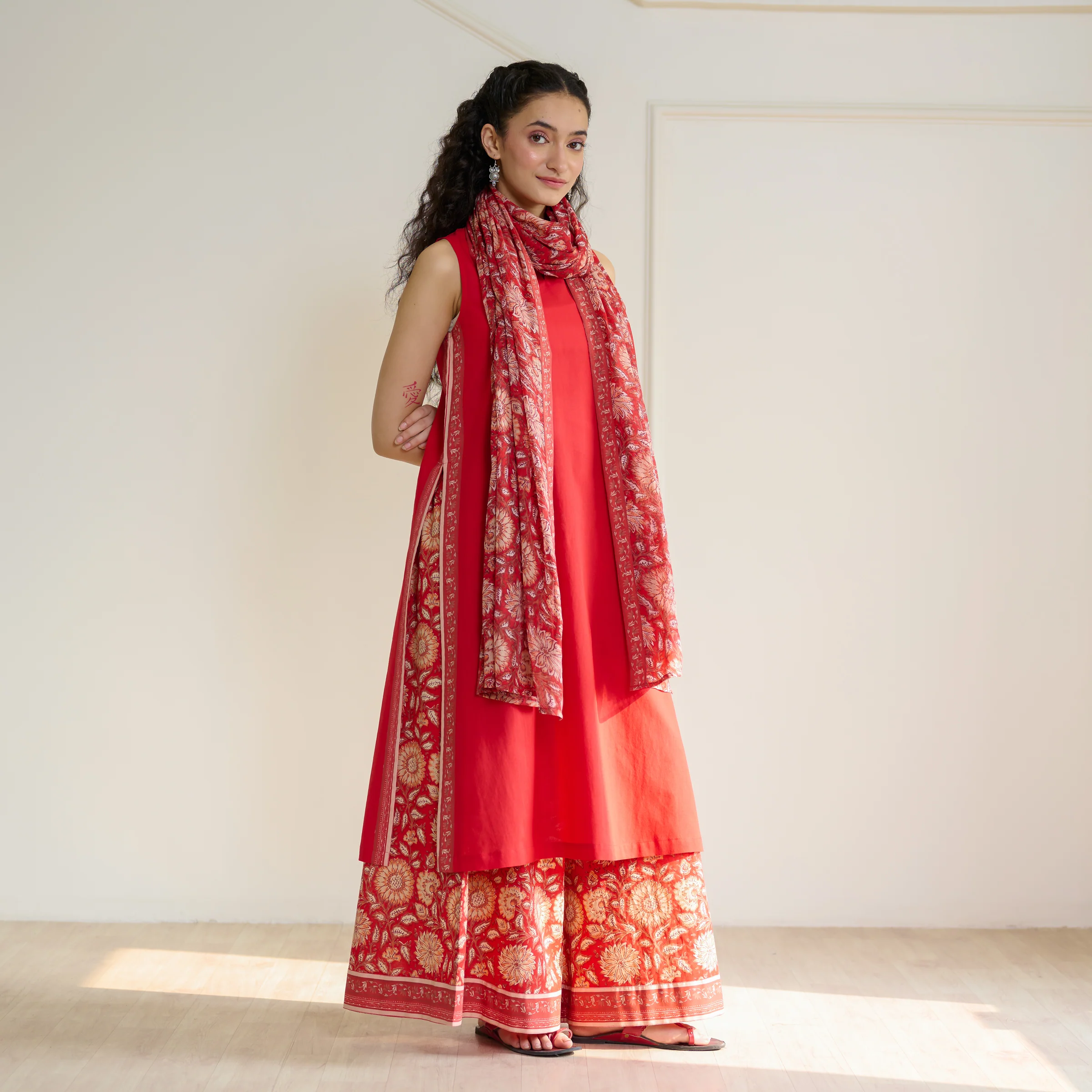 Mehek Sanganeri Inspired Sleeveless Kurta Palazzo Set with Dupatta - Cherry Red - Image 8