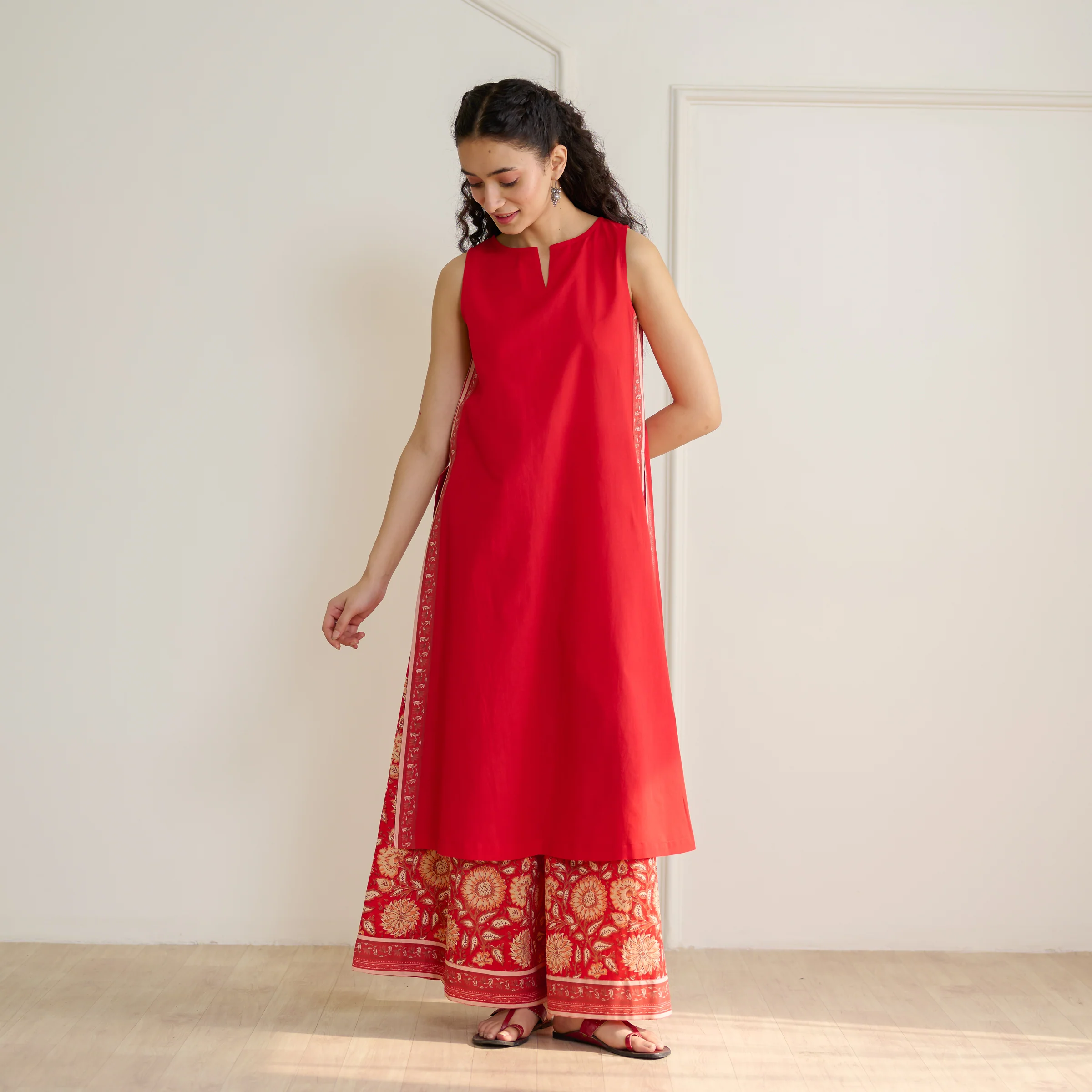 Mehek Sanganeri Inspired Sleeveless Kurta Palazzo Set with Dupatta - Cherry Red - Image 9