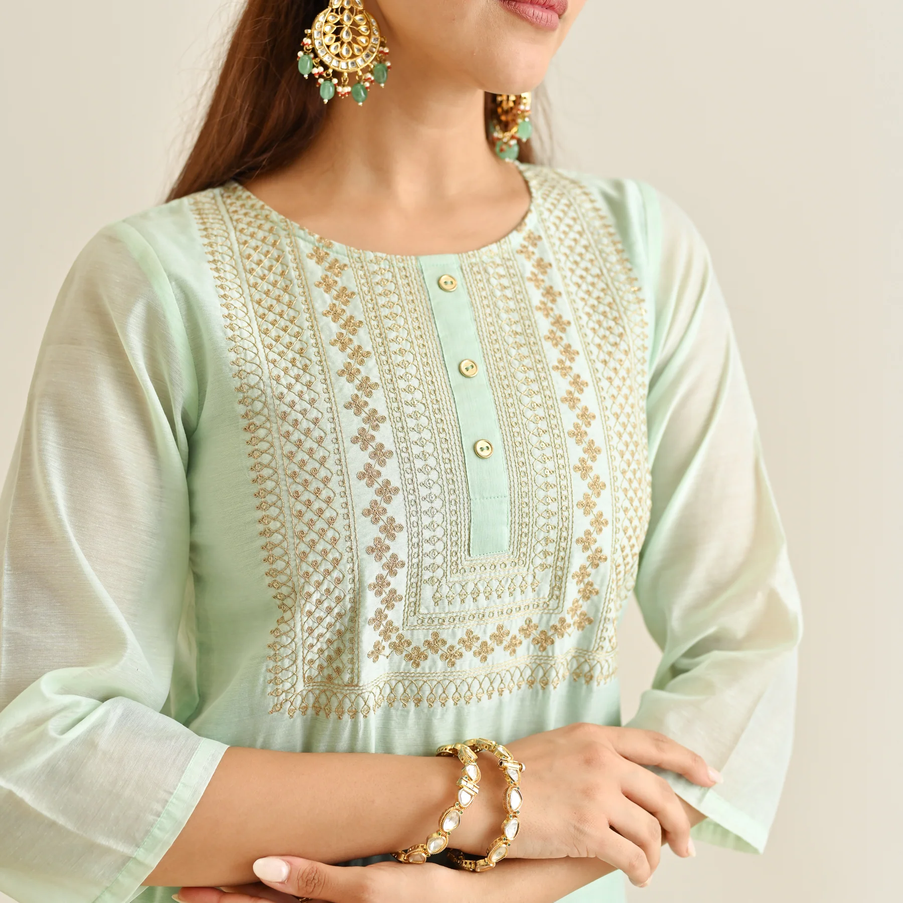 Mint Festive Embroidered Kurta Set with Embroidered Dupatta - Image 3