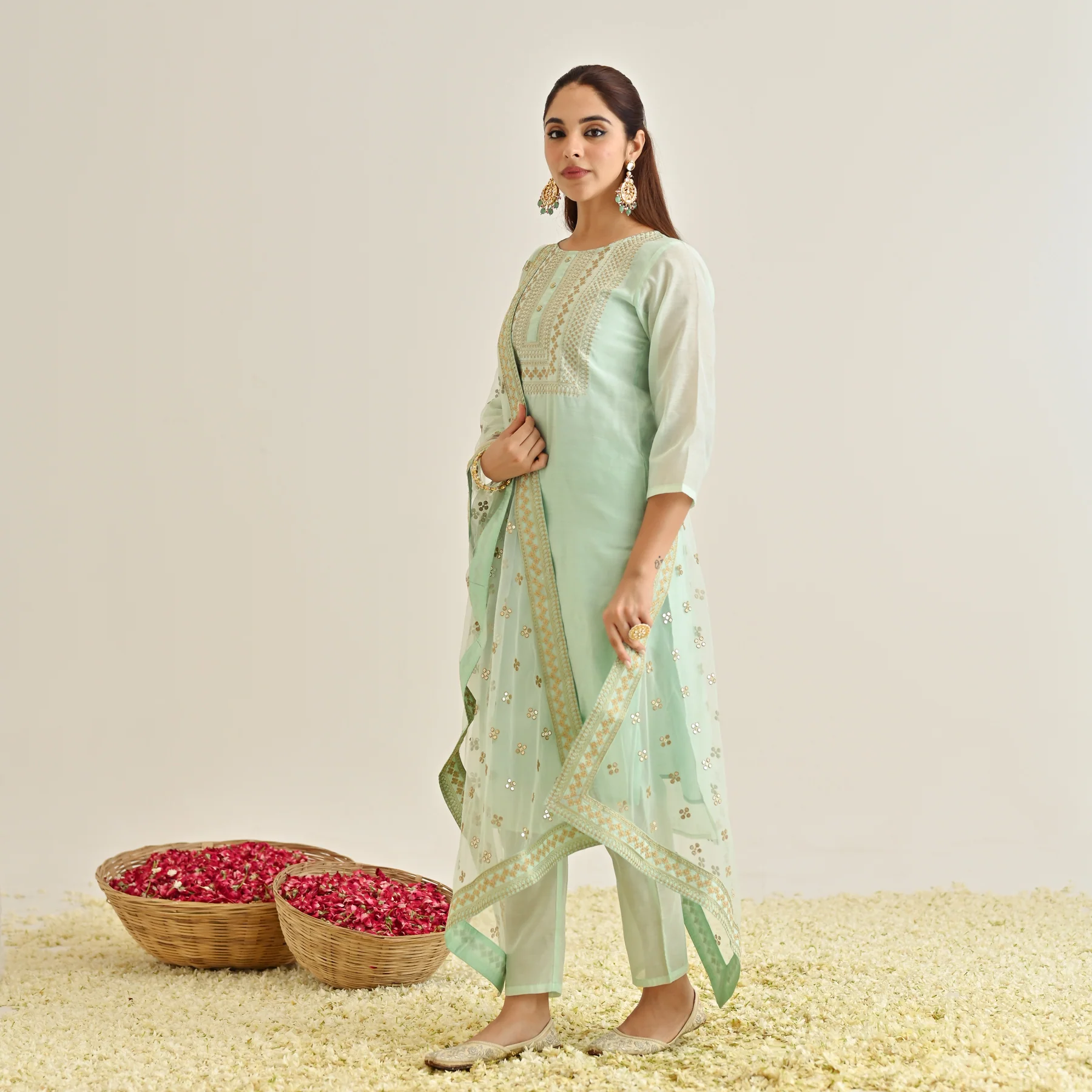 Mint Festive Embroidered Kurta Set with Embroidered Dupatta - Image 4