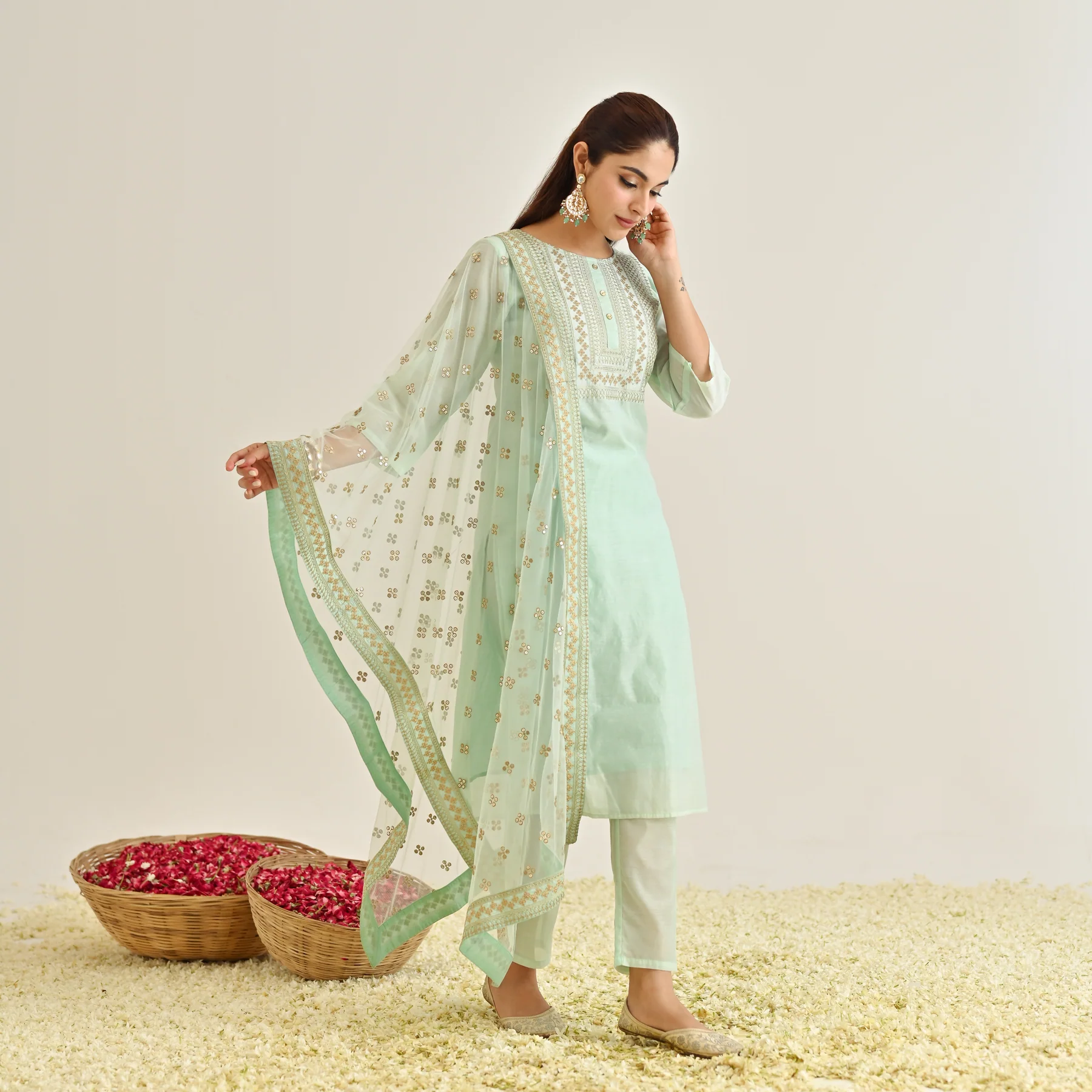 Mint Festive Embroidered Kurta Set with Embroidered Dupatta - Image 5