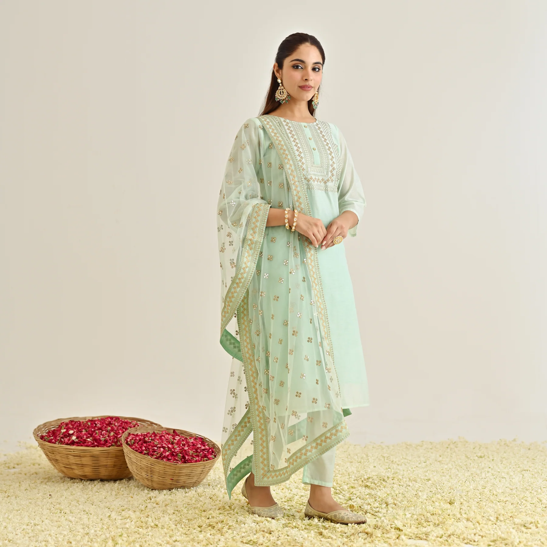 Mint Festive Embroidered Kurta Set with Embroidered Dupatta - Image 6
